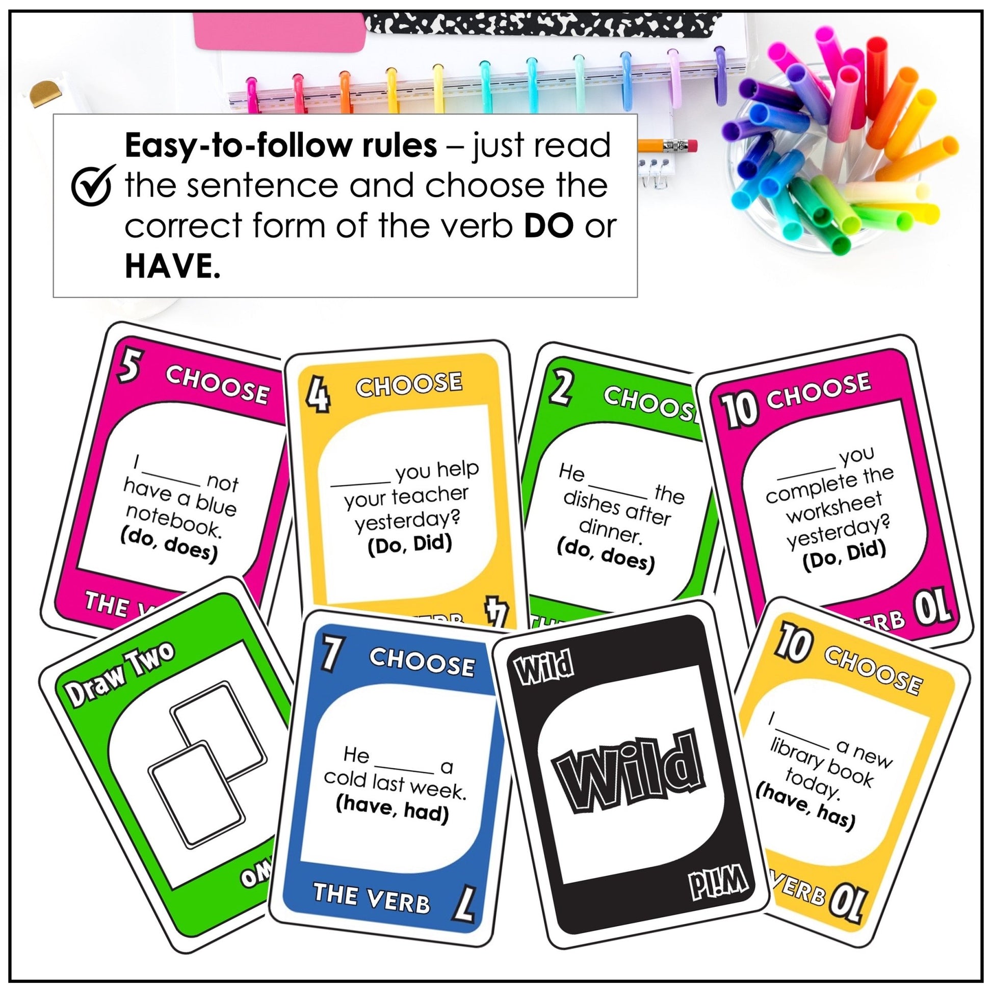 Subject - Verb Agreement Card Game – Do, Does, Did, Has, Have, Had (ESL Grammar) - Hot Chocolate Teachables