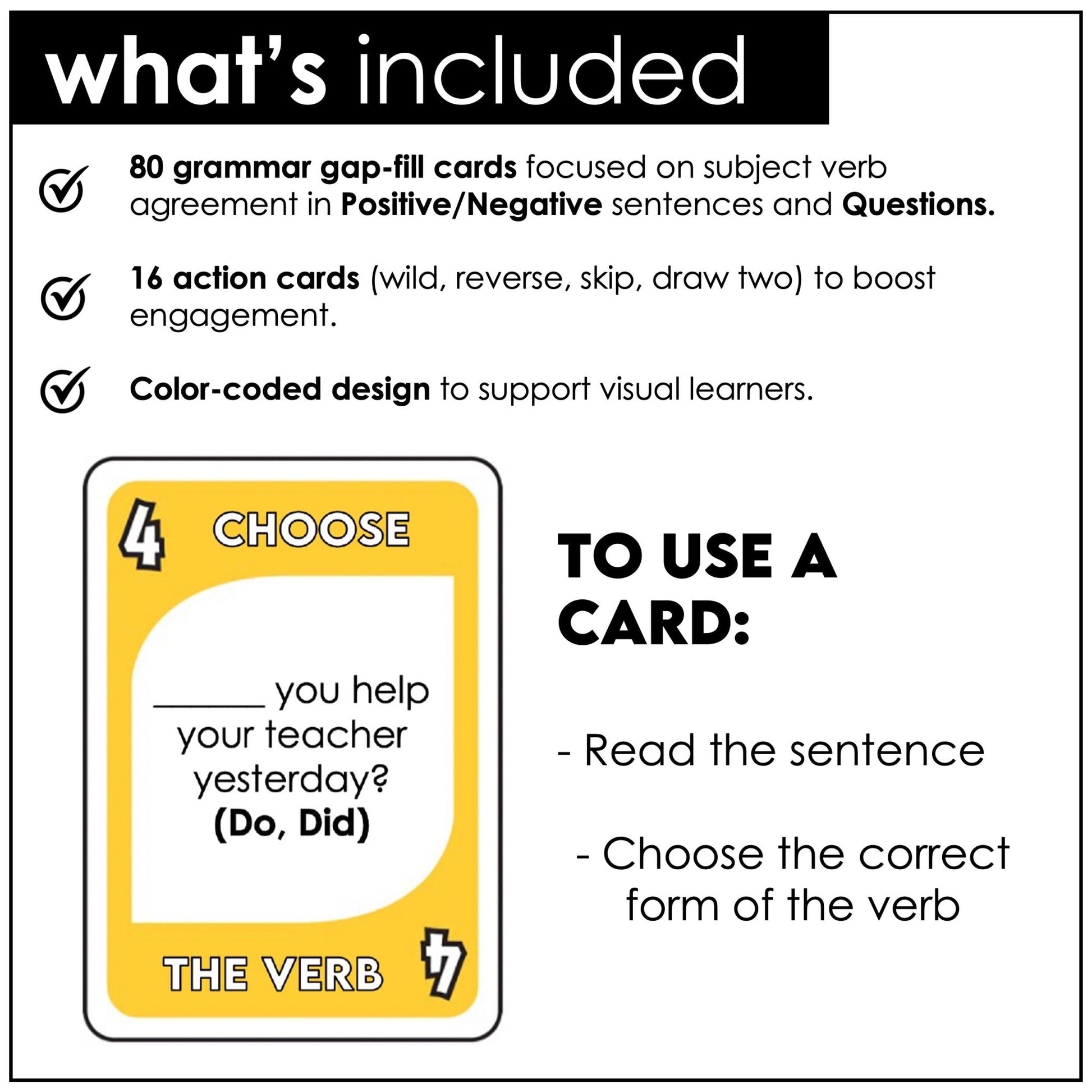 Subject - Verb Agreement Card Game – Do, Does, Did, Has, Have, Had (ESL Grammar) - Hot Chocolate Teachables