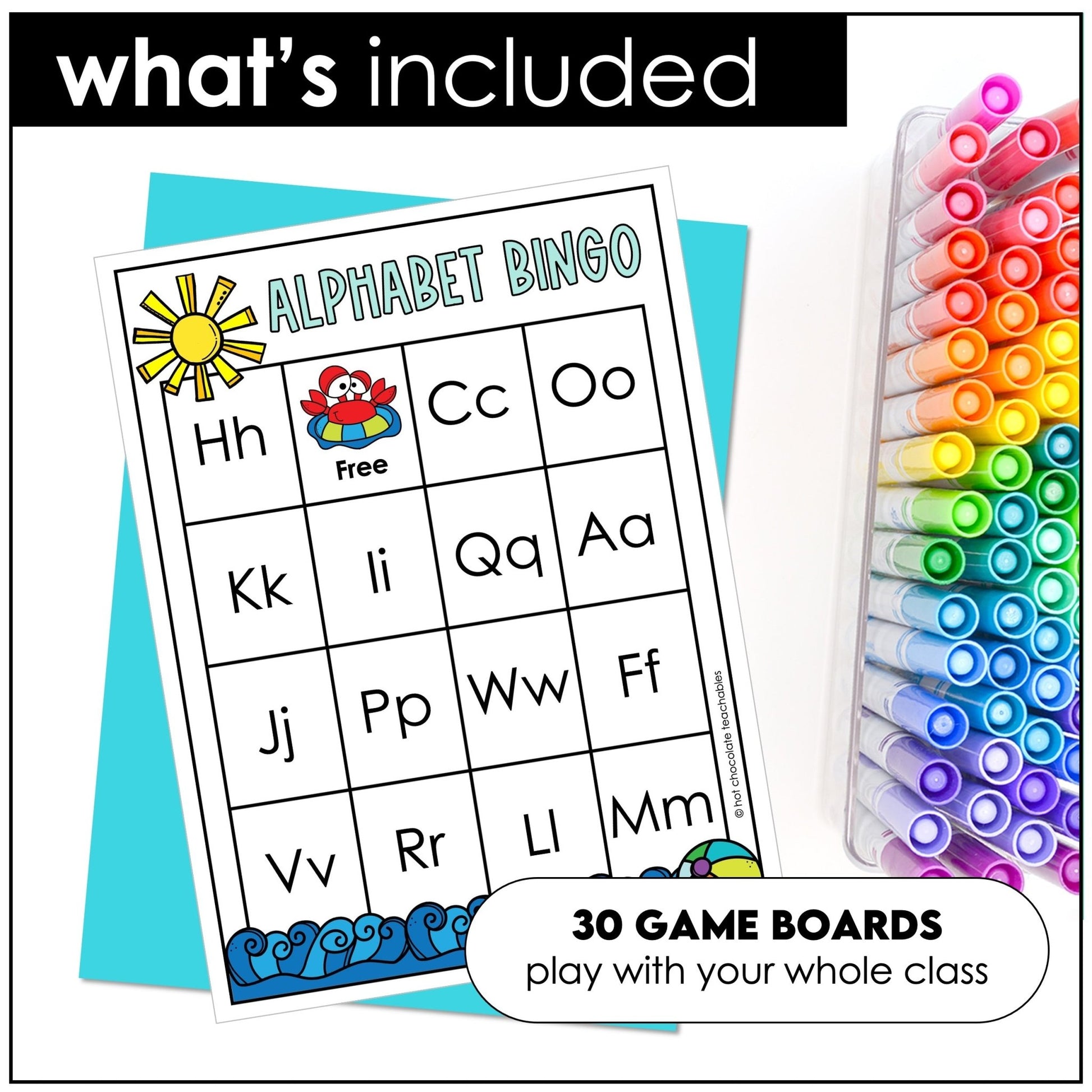 Summer Alphabet Bingo Game Cards - Uppercase & Lowercase Letters - Hot Chocolate Teachables