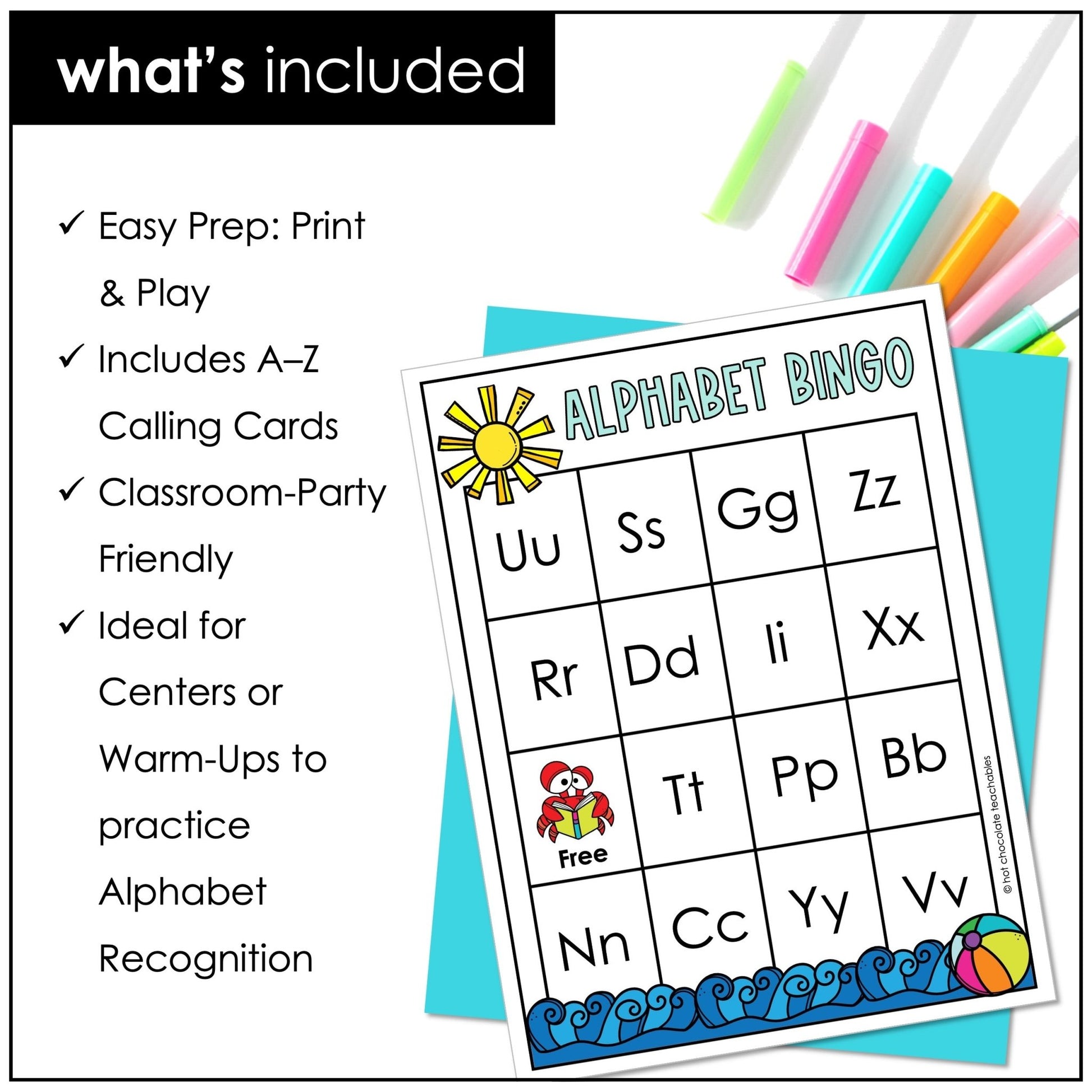Summer Alphabet Bingo Game Cards - Uppercase & Lowercase Letters - Hot Chocolate Teachables
