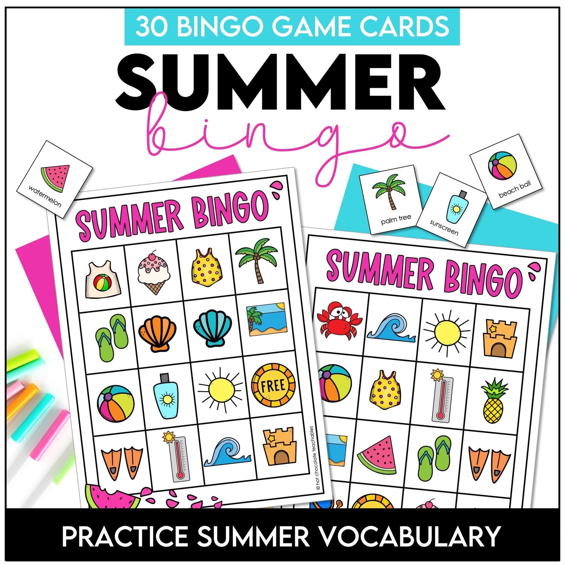 Summer Vacation Bingo Game | ESL Vocabulary Based Activity - Hot Chocolate Teachables