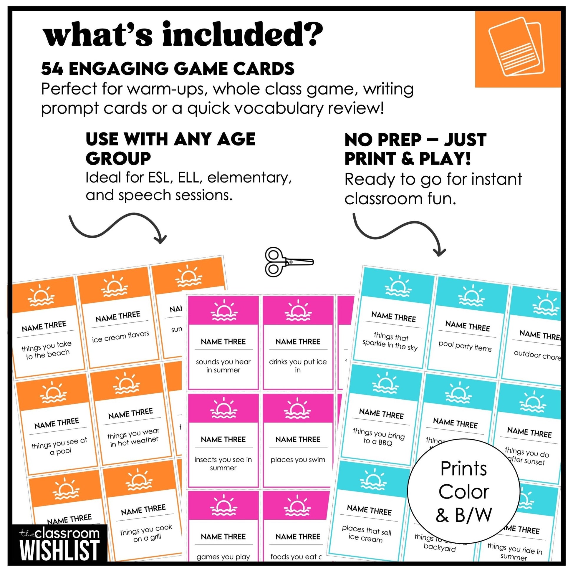 Summer Vocabulary Card Game for ESL | Name 3 Things Think Fast Speaking Activity - Hot Chocolate Teachables