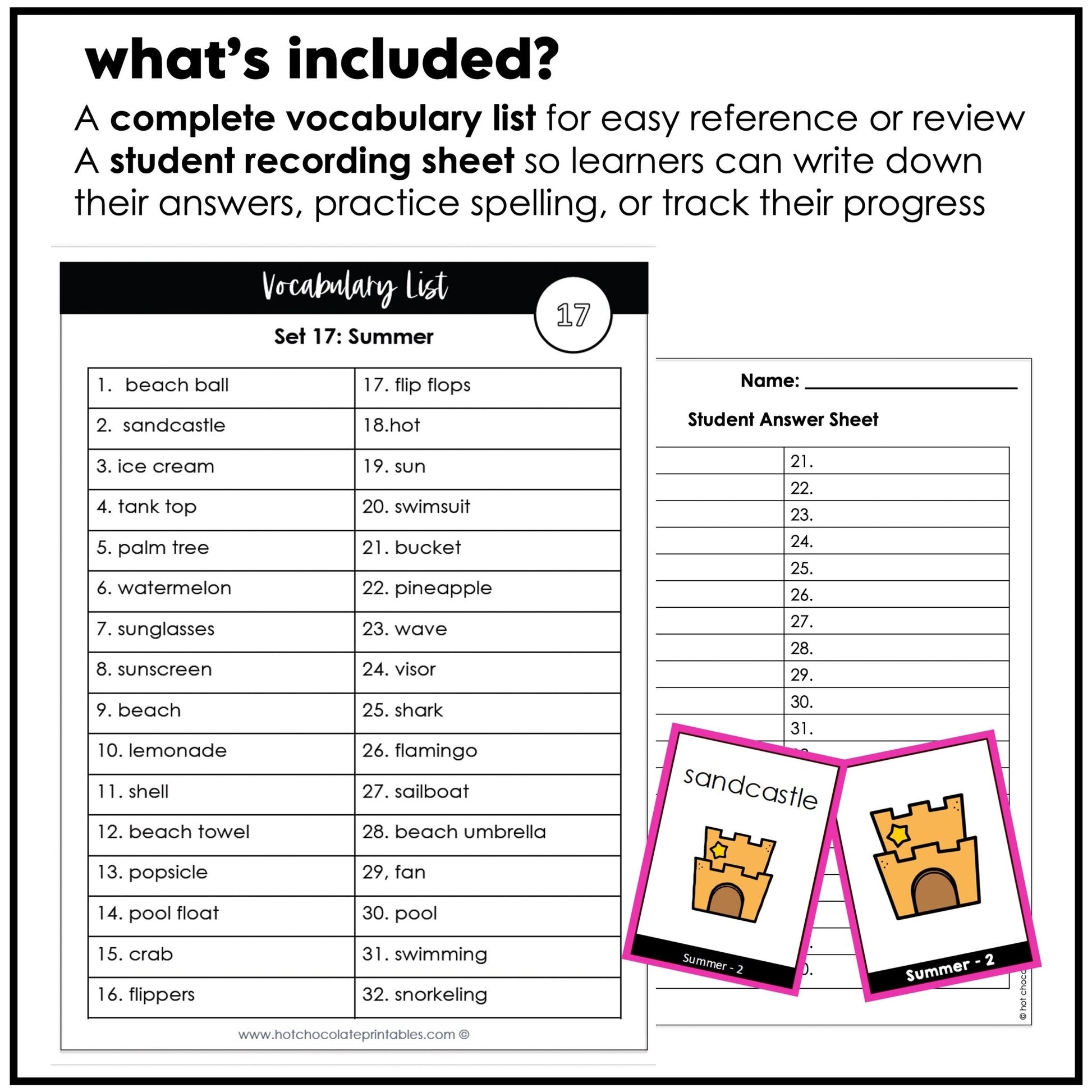 Summer Vocabulary Flashcards : ESL task cards - Flash Cards - Hot Chocolate Teachables