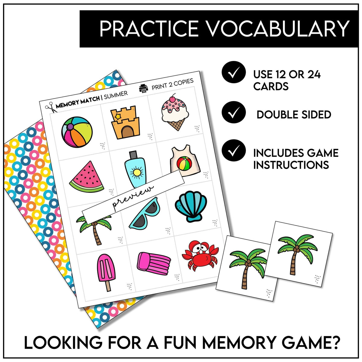 Summer Visual Card Summer Vocabulary Memory Game - 24 Picture Cards