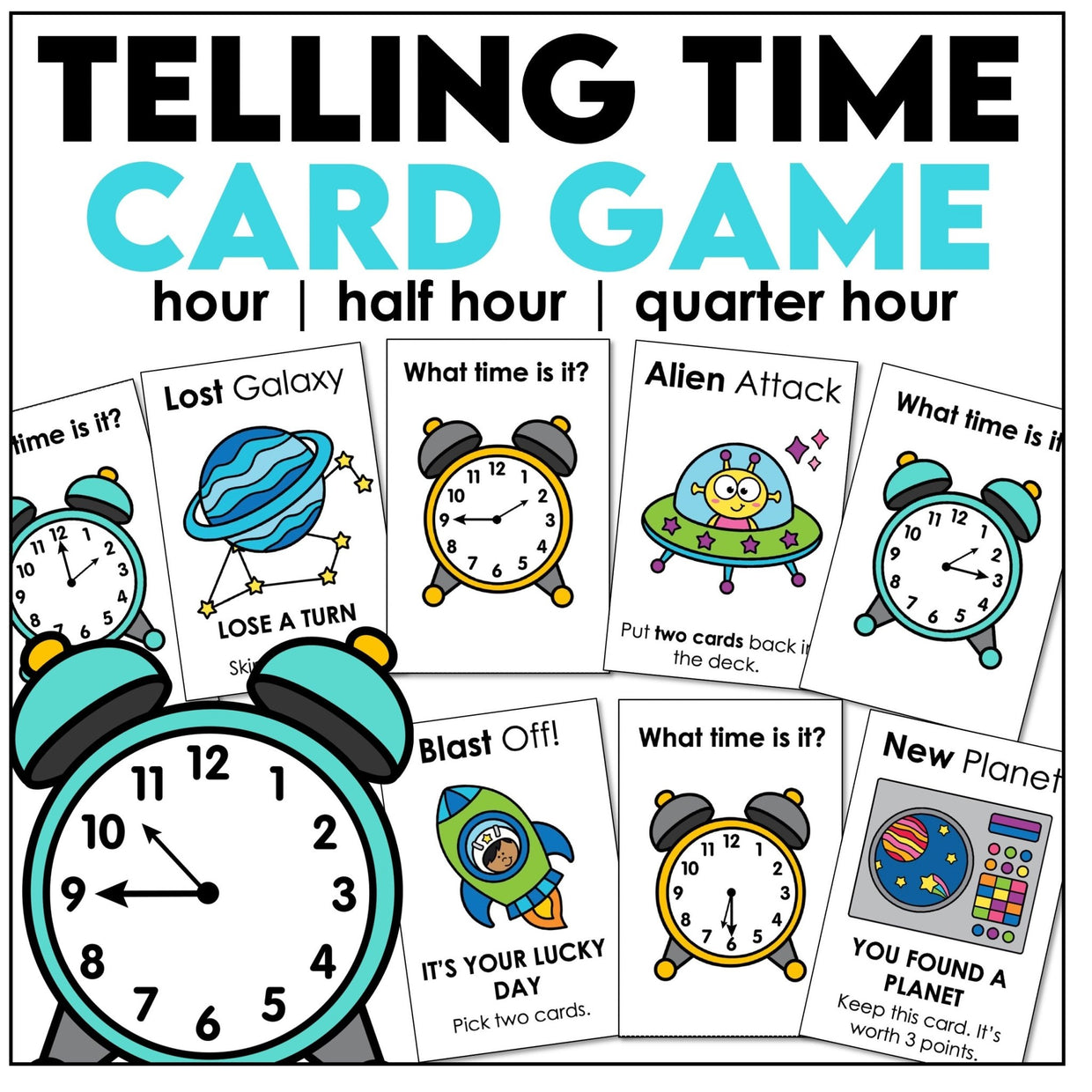 Analog clock telling time card game for hour half hour and quarter hour classroom review
