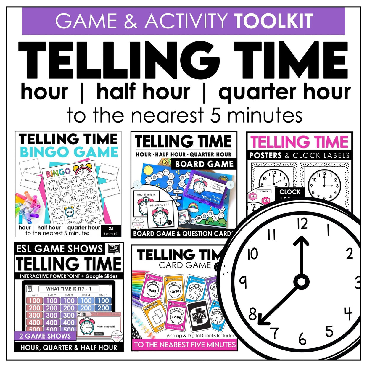 Telling time games bundle with hour half hour quarter hour and nearest 5 minutes activities
