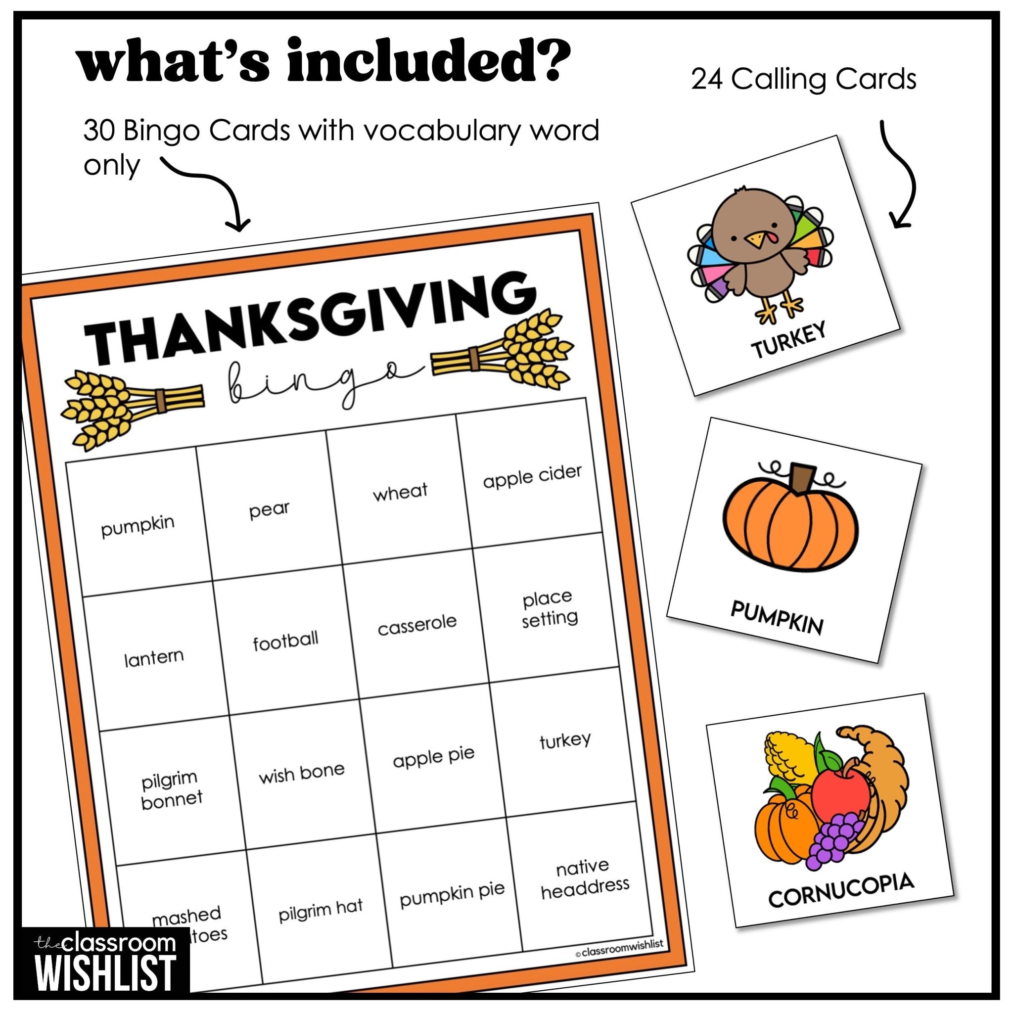 Thanksgiving Bingo Game Cards | 3 Complete Sets| Word and Picture | ELL & ESL - Hot Chocolate Teachables