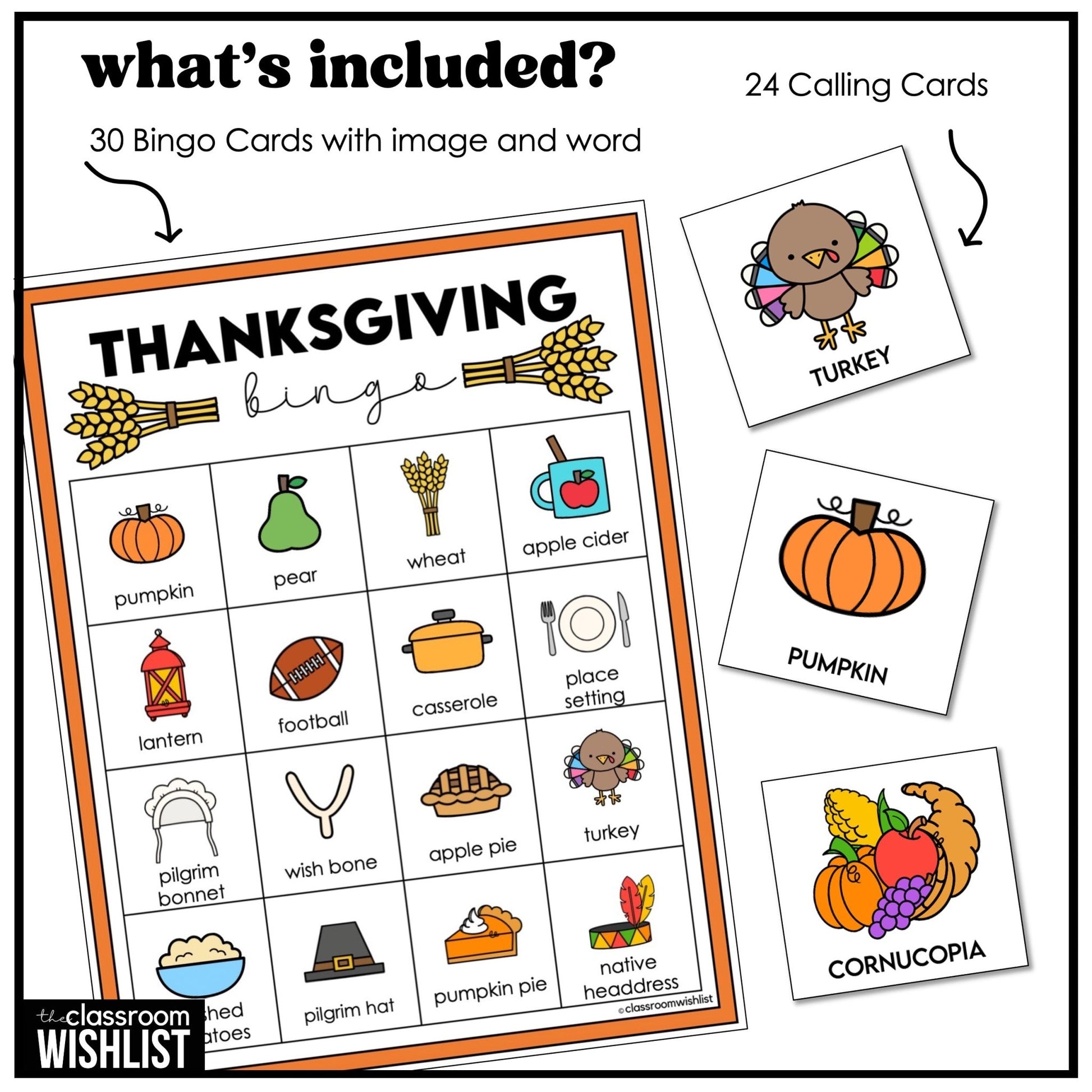 Thanksgiving Bingo Game Cards | 3 Complete Sets| Word and Picture | ELL & ESL - Hot Chocolate Teachables