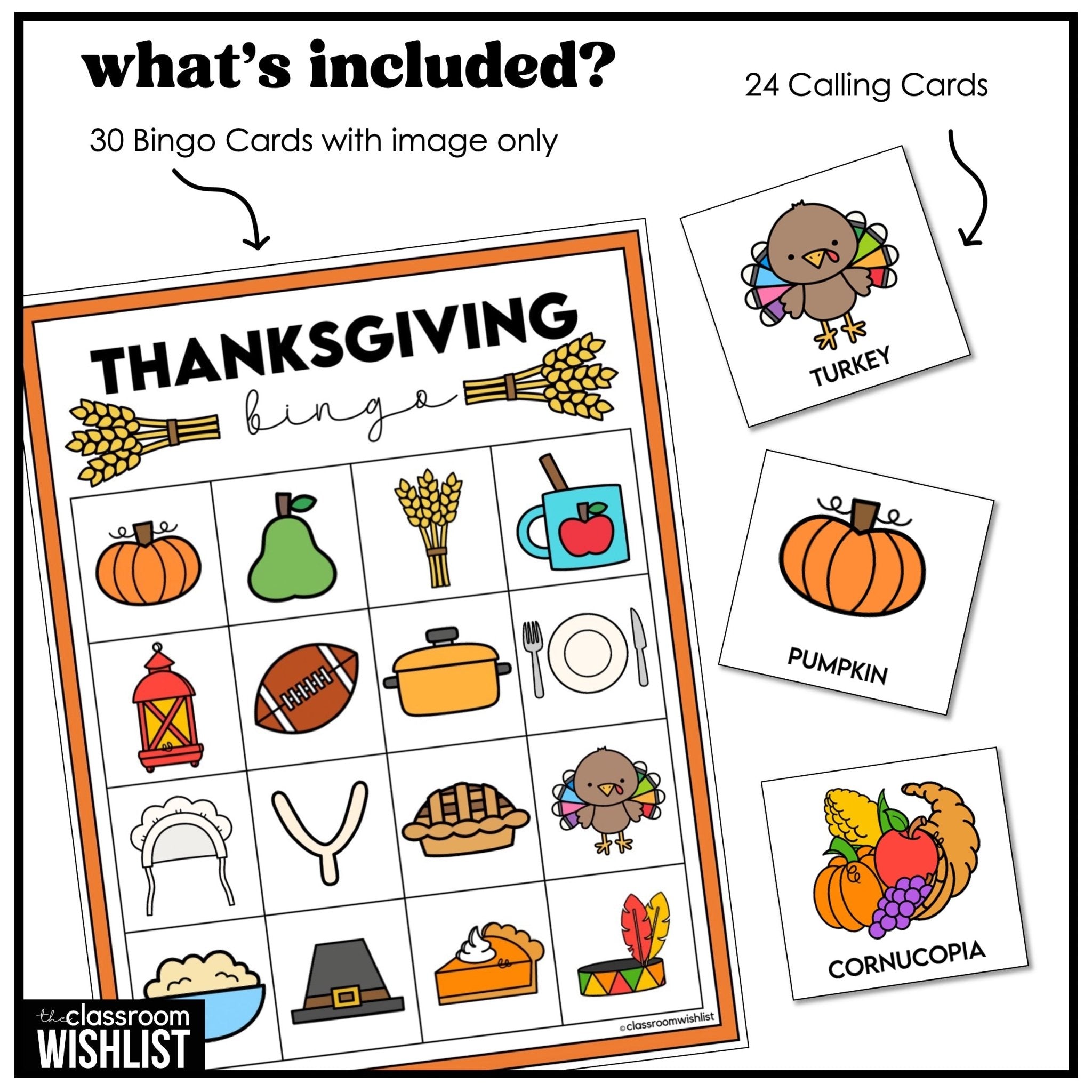 Thanksgiving Bingo Game Cards | 3 Complete Sets| Word and Picture | ELL & ESL - Hot Chocolate Teachables