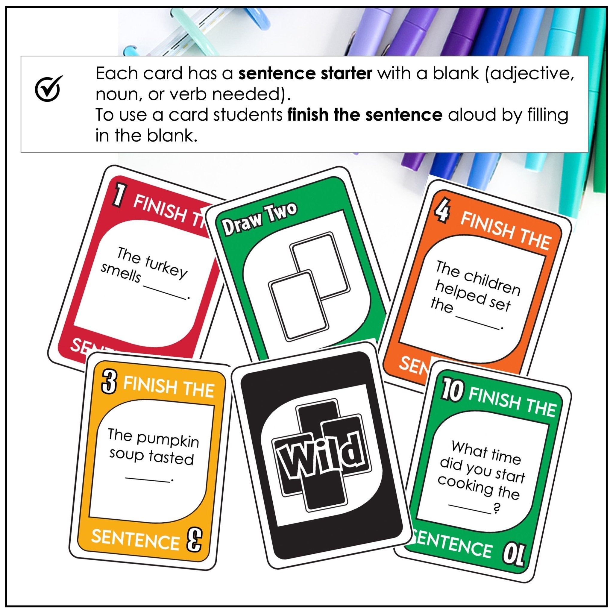 Thanksgiving Card Game – Finish the Sentence with Adjectives, Nouns & Verbs - Hot Chocolate Teachables