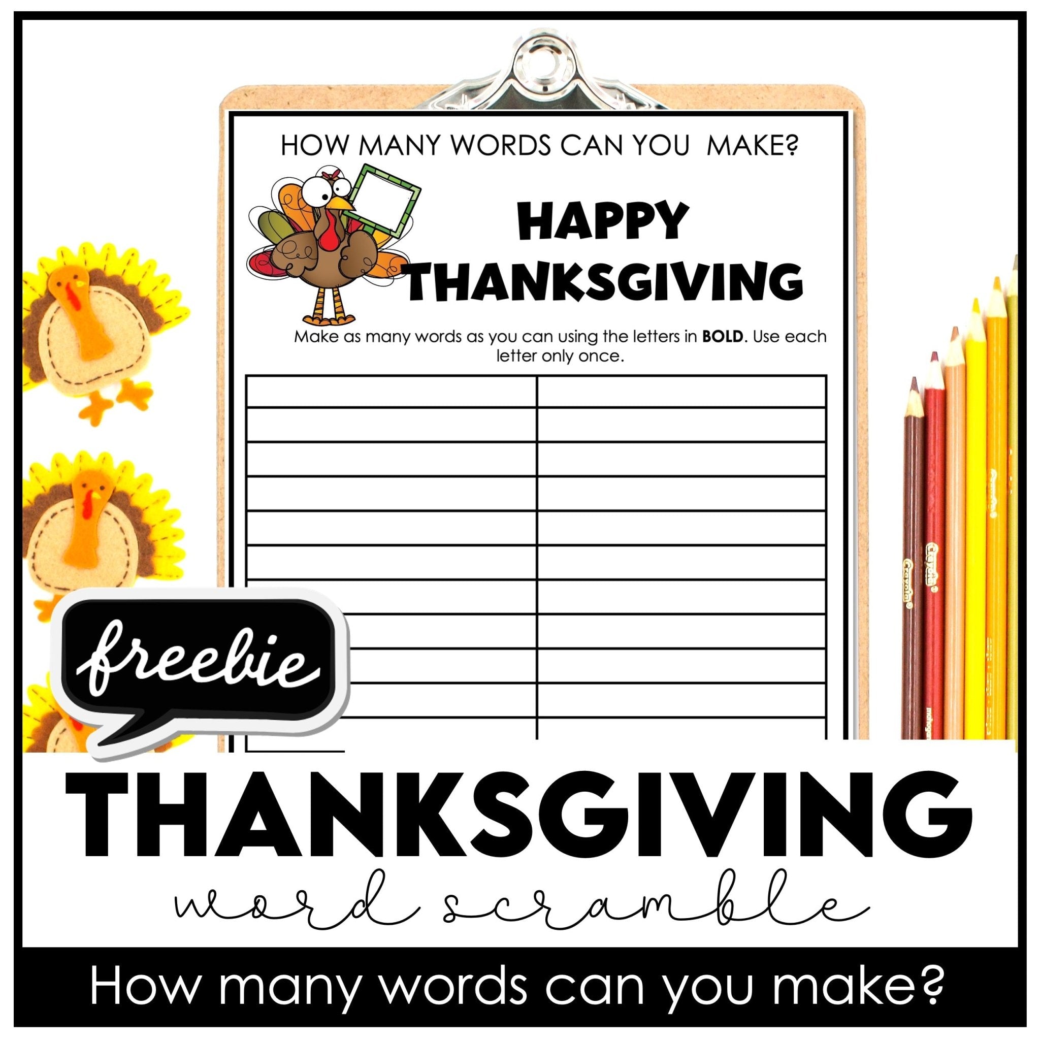 Free Thanksgiving word scramble printable for vocabulary and word-building practice