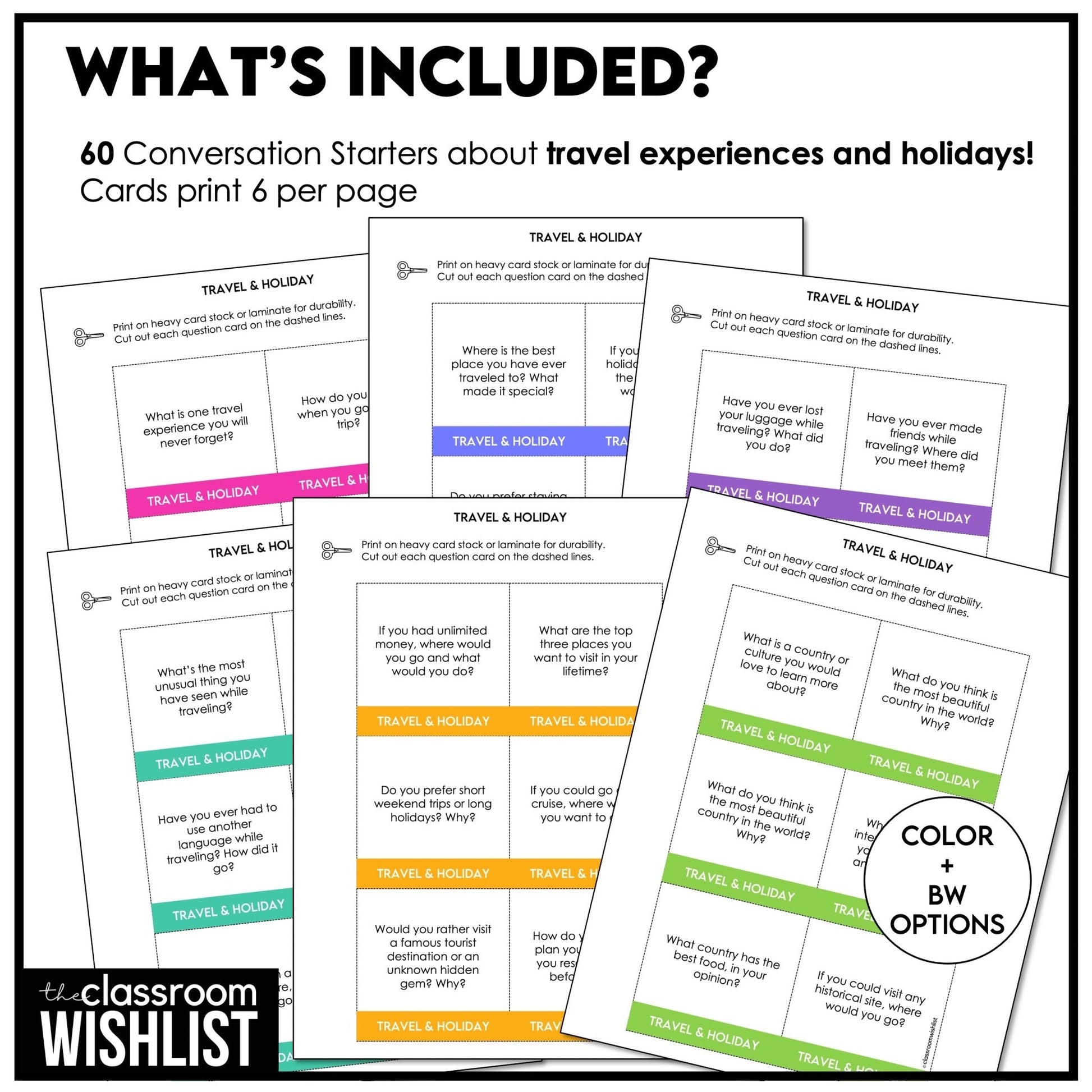 Travel & Holidays Conversation Cards | 60 ESL Discussion Questions Grades 8 - 12 - Hot Chocolate Teachables