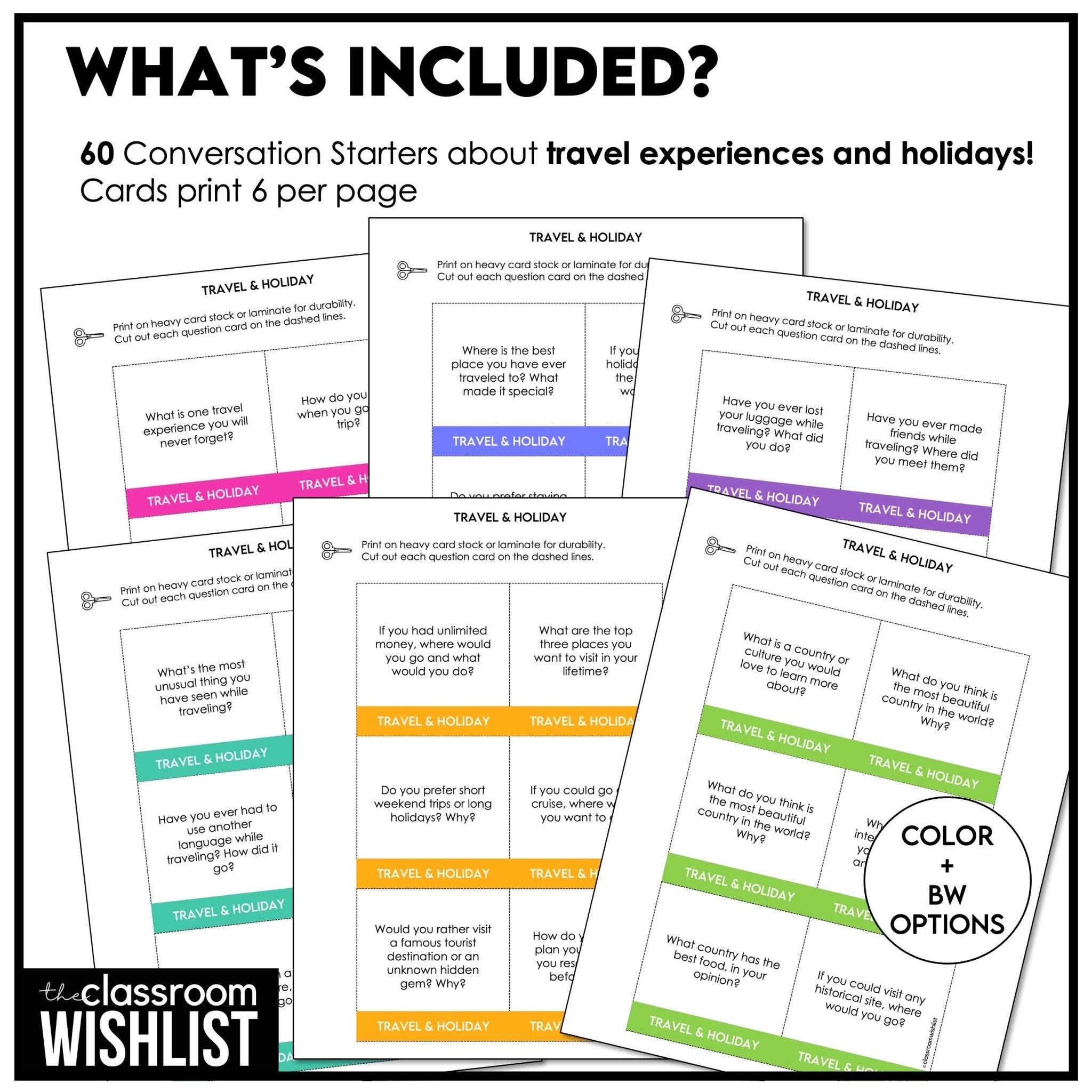Travel & Holidays Conversation Cards | 60 ESL Discussion Questions Grades 8 - 12 - Hot Chocolate Teachables