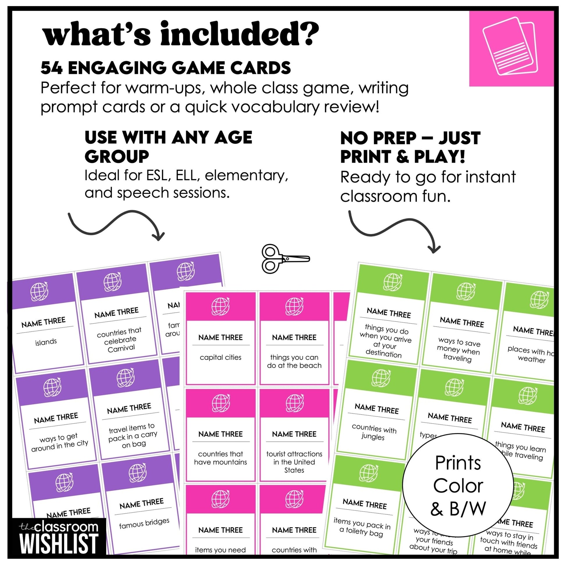 Travel Vocabulary Card Game for ESL | Name 3 Things Speaking & Categorizing Activity - Hot Chocolate Teachables