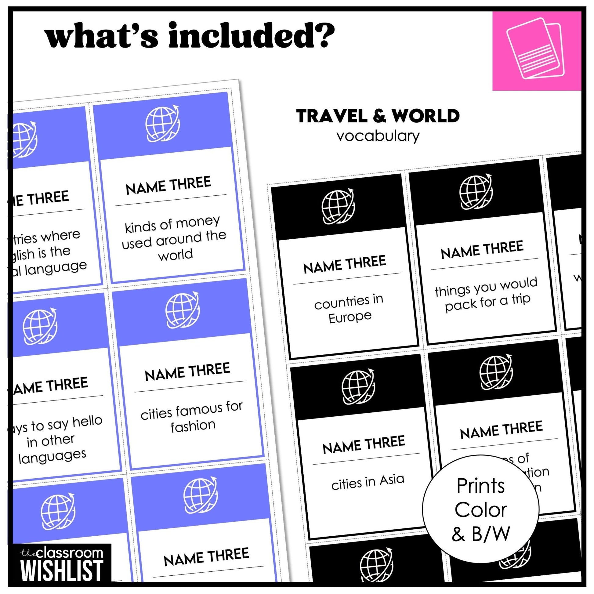 Travel Vocabulary Card Game for ESL | Name 3 Things Speaking & Categorizing Activity - Hot Chocolate Teachables