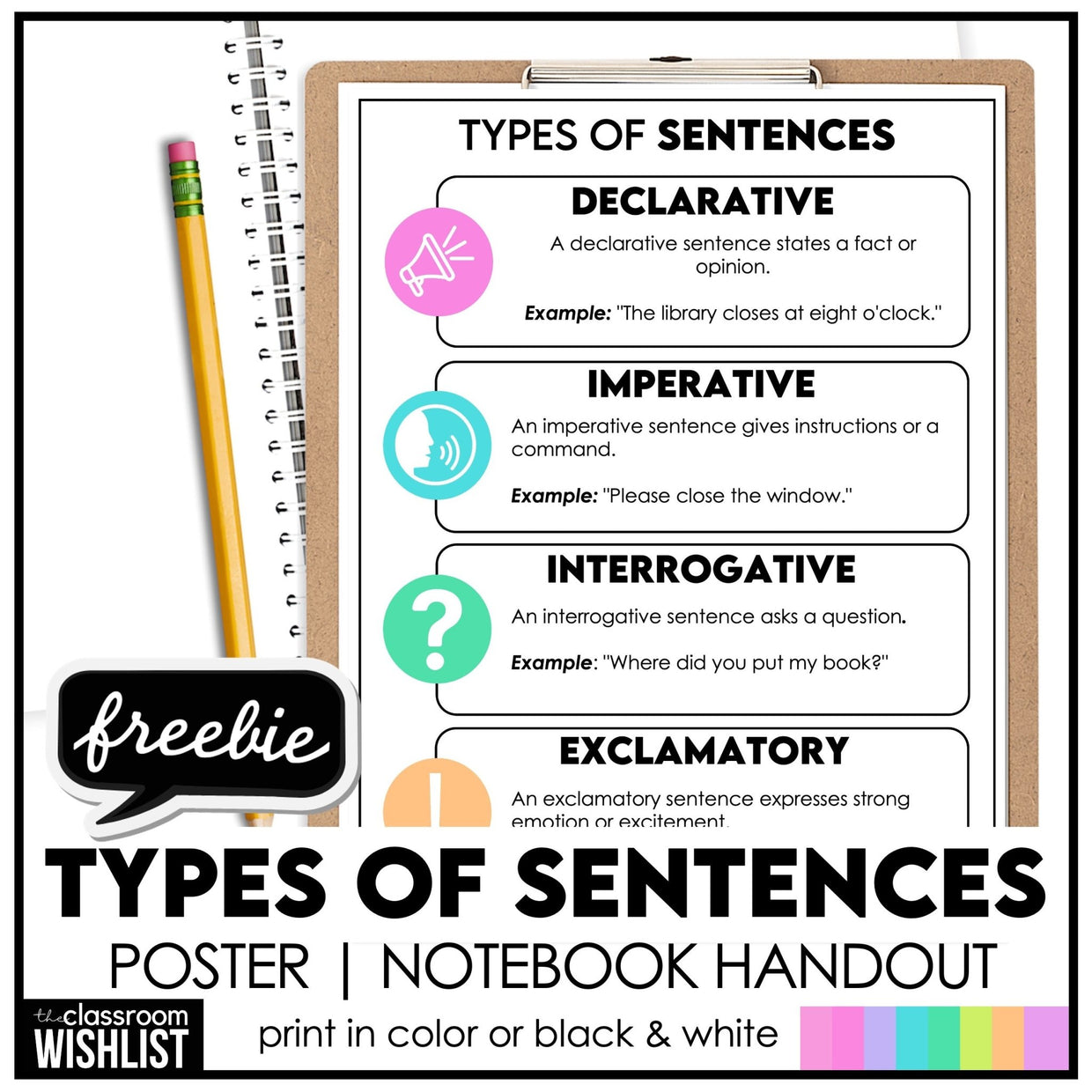 Sentence Pattern Poster Types of Sentences Poster & Notebook Handout | FREE