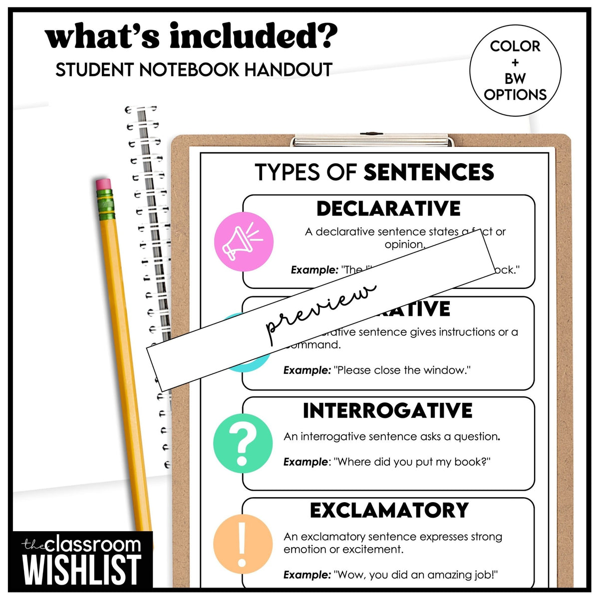 Sentence Types Posters Printable Types of Sentences Poster & Notebook Handout | FREE