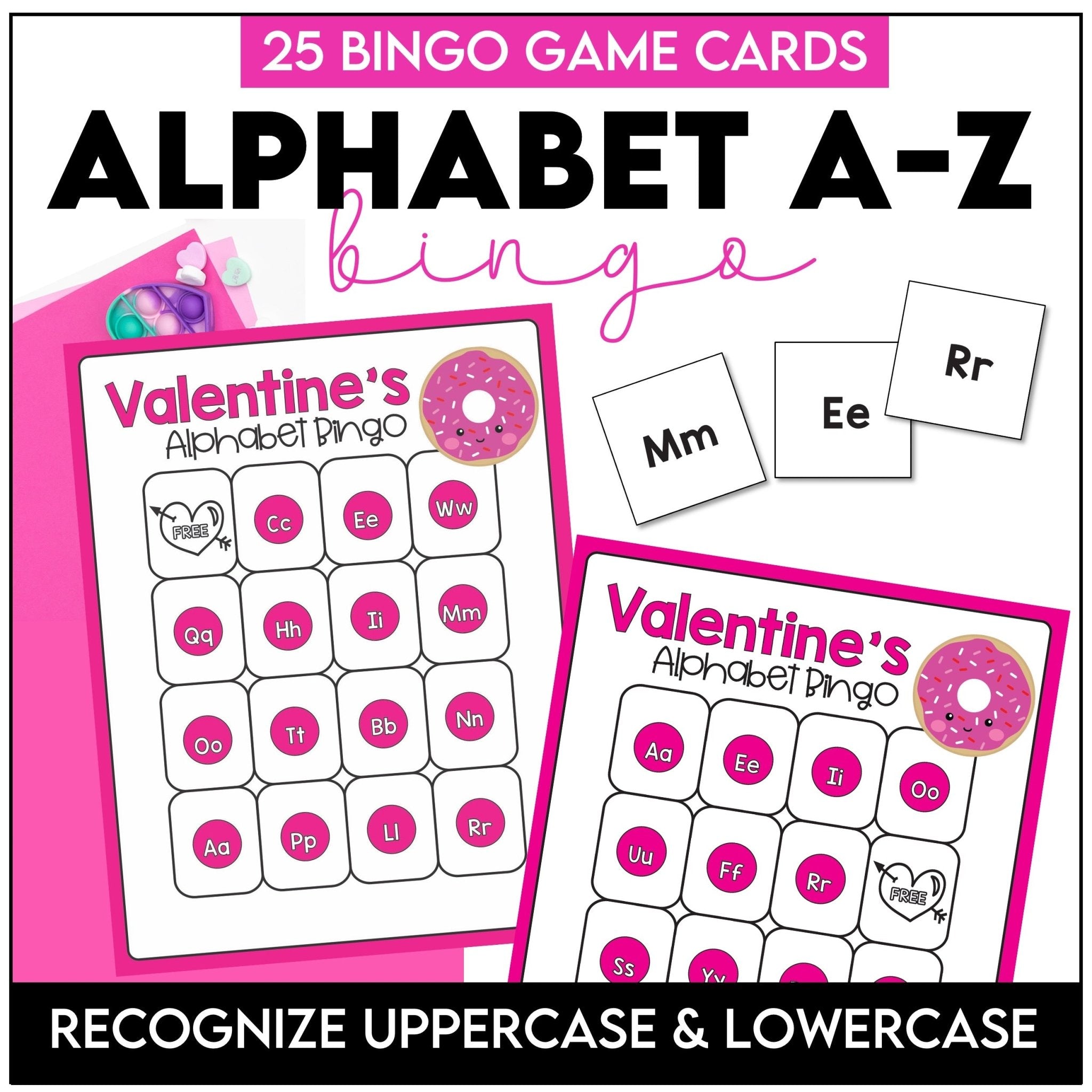 Valentine Alphabet Bingo Game A through Z - Uppercase & Lowercase Letters - Hot Chocolate Teachables
