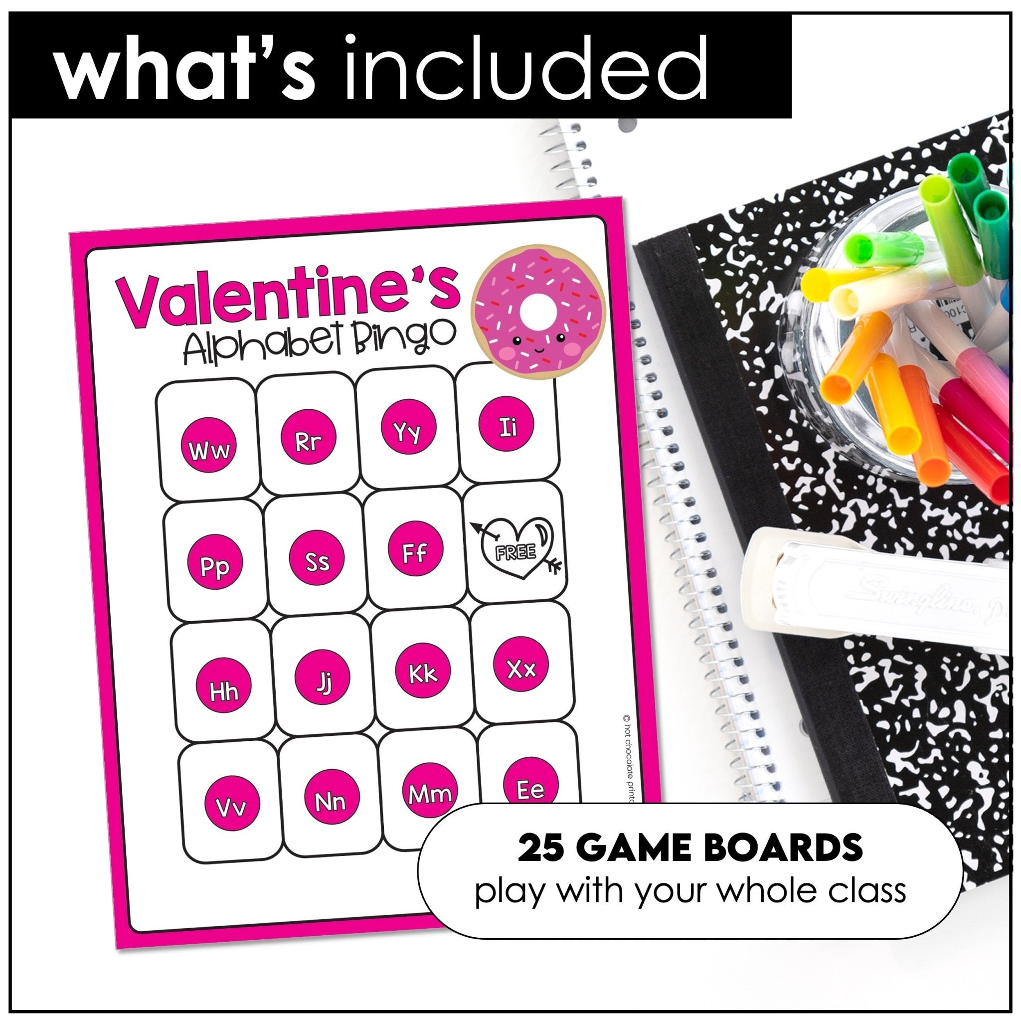 Valentine Alphabet Bingo Game A through Z - Uppercase & Lowercase Letters - Hot Chocolate Teachables