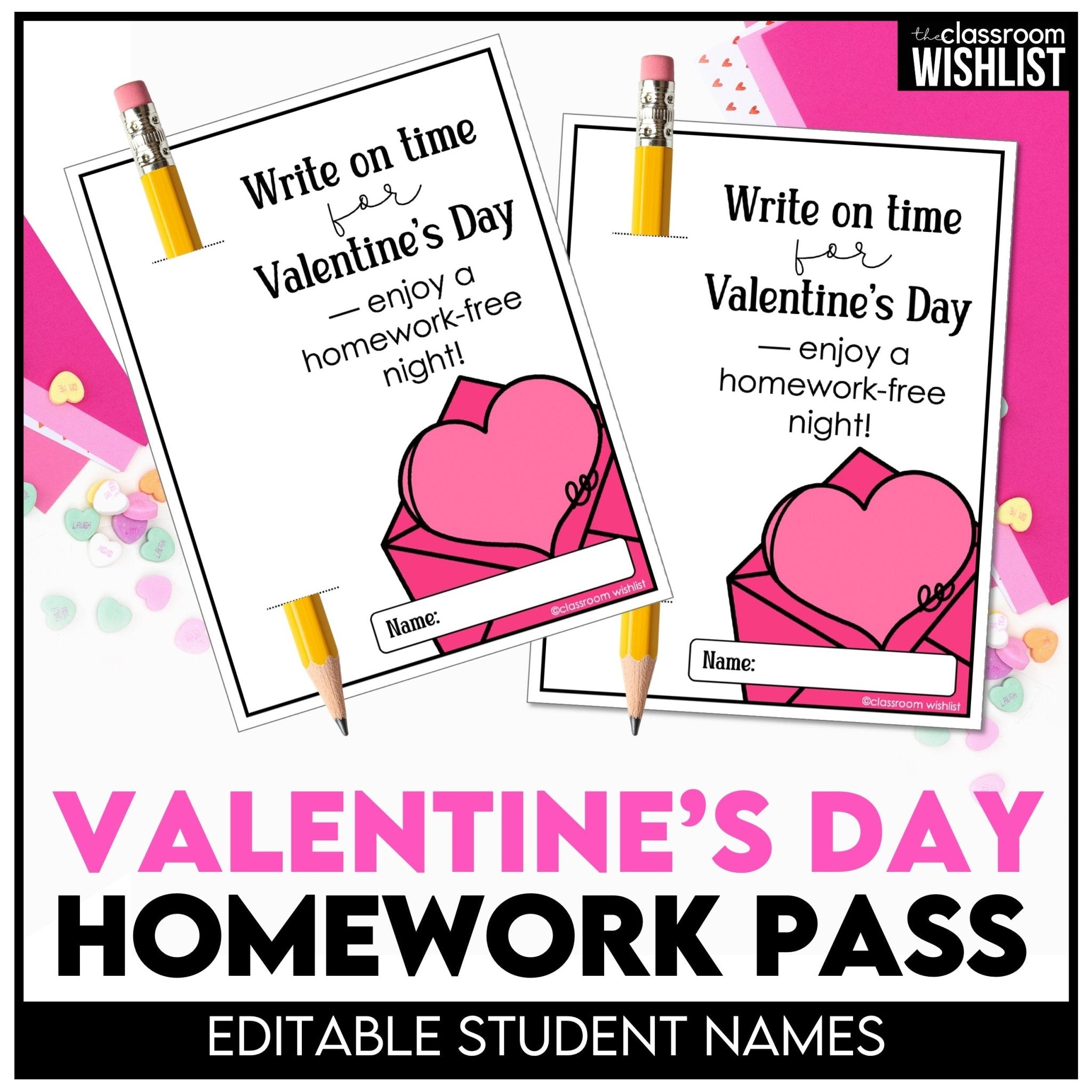 Valentine's Day homework pass printable with pencil holder for student gifts