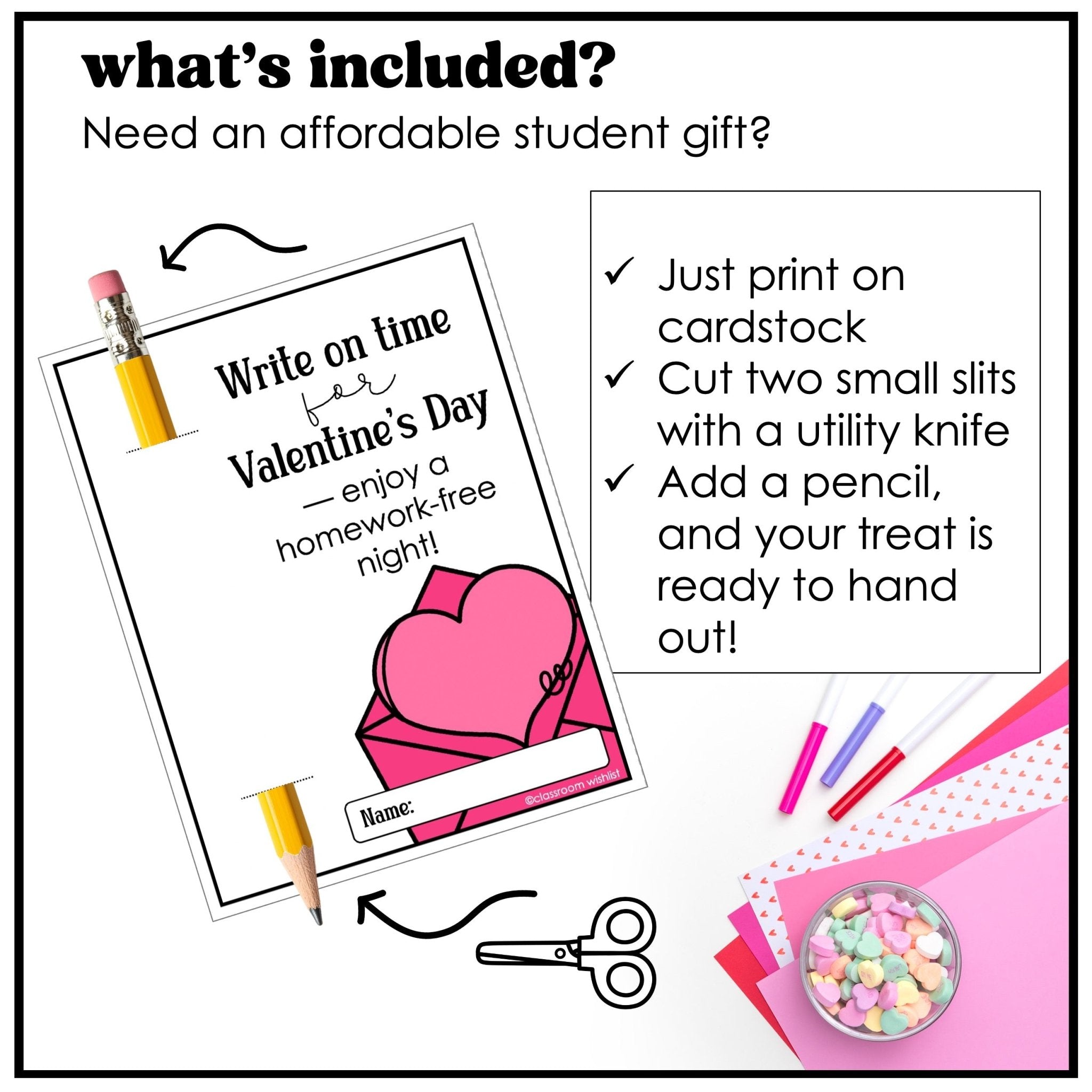 Valentine Student Gift – Homework Pass Printable with Pencil Holder - Hot Chocolate Teachables