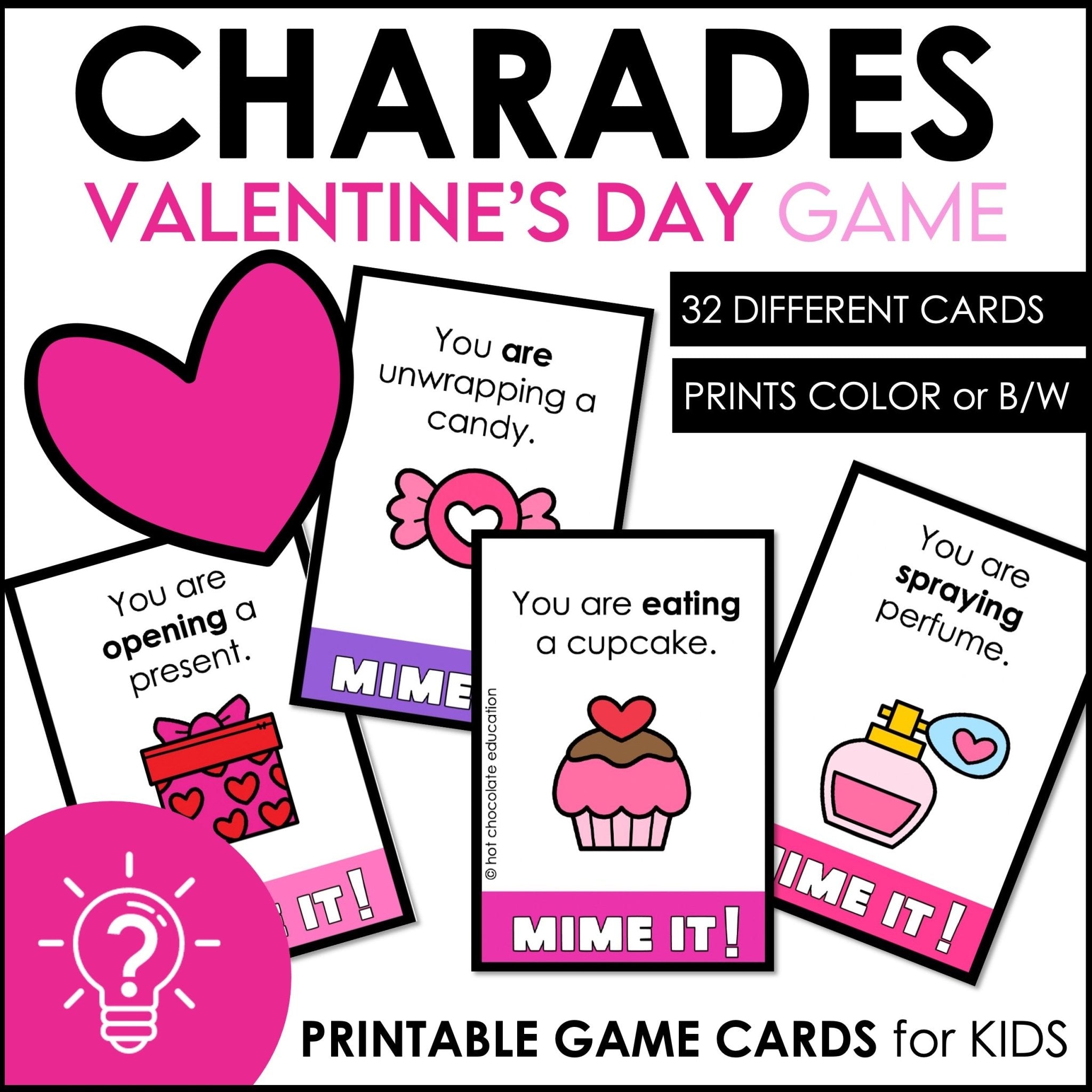 Valentine's Day action verb charades game for classroom parties and ESL practice
