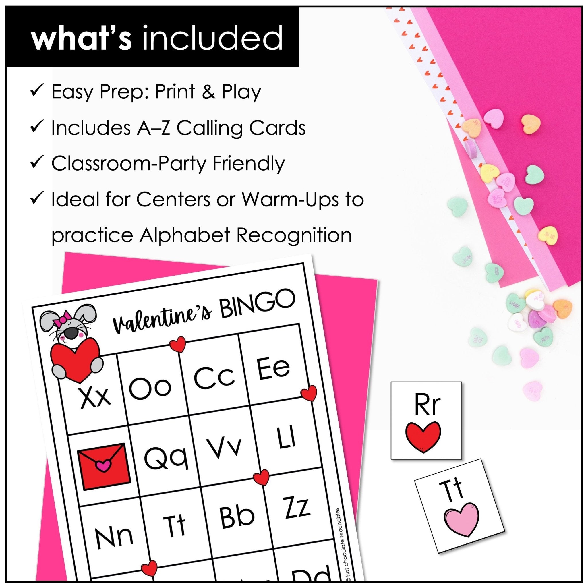 Valentine's Day Alphabet Bingo Game Cards – Uppercase & Lowercase - Hot Chocolate Teachables