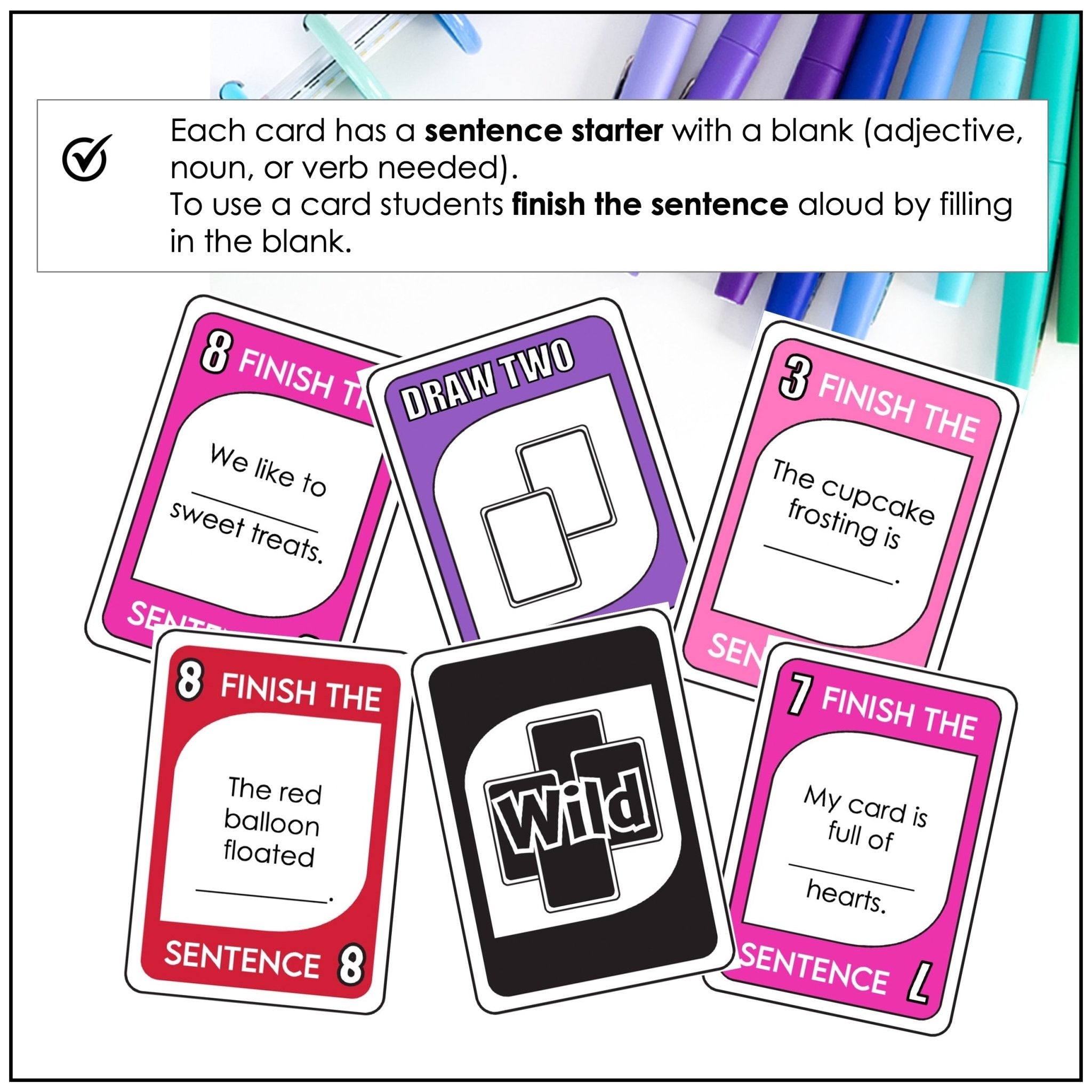 Valentine’s Day Card Game – Finish the Sentence with Adjectives, Nouns & Verbs - Hot Chocolate Teachables
