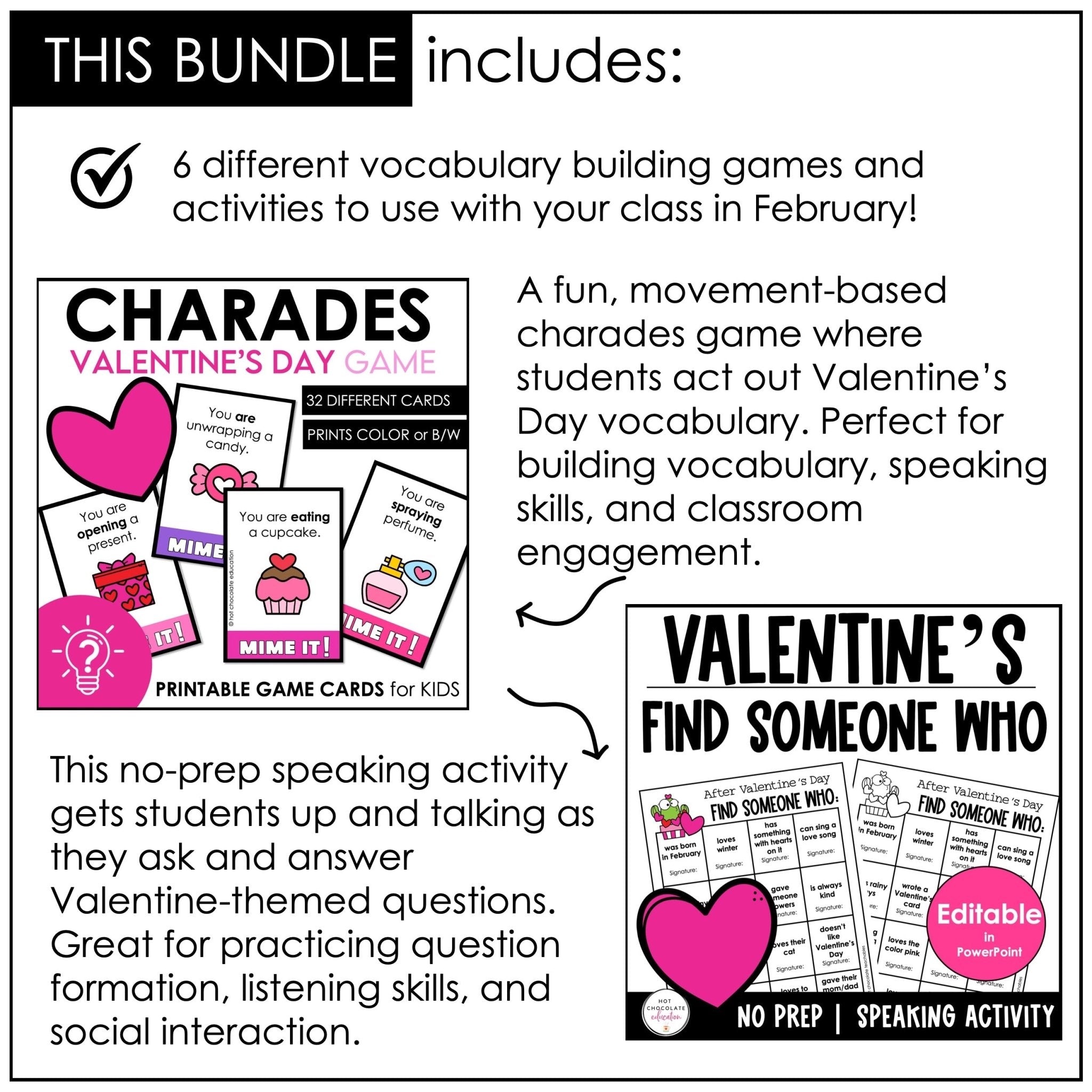 Valentine's Day Party Games & Activity Bundle - February Grammar & Vocabulary - Hot Chocolate Teachables
