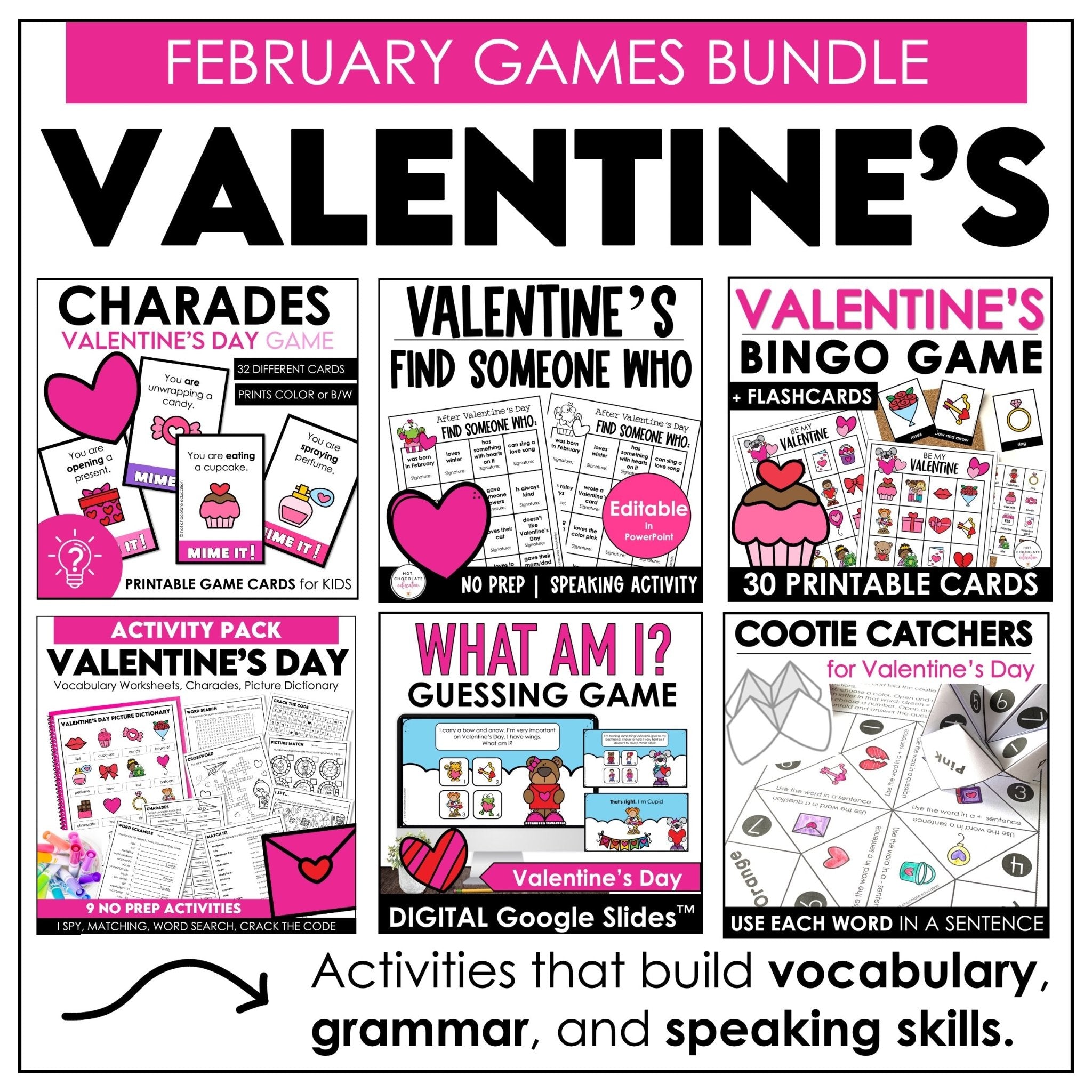 Valentine's Day Party Games & Activity Bundle - February Grammar & Vocabulary - Hot Chocolate Teachables