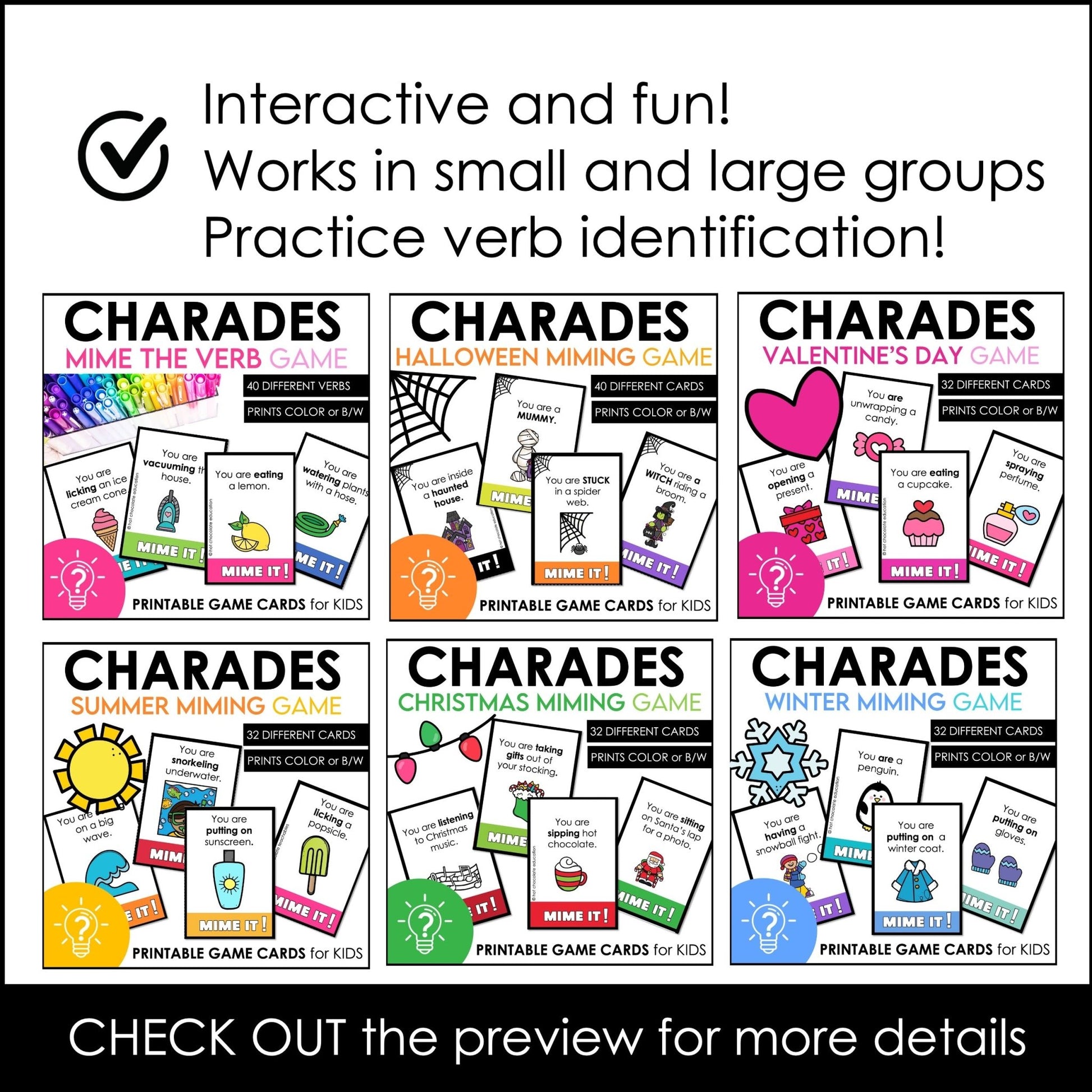 Verb Charades Bundle | Holiday and Seasonal Miming Game Cards for Kids - Hot Chocolate Teachables