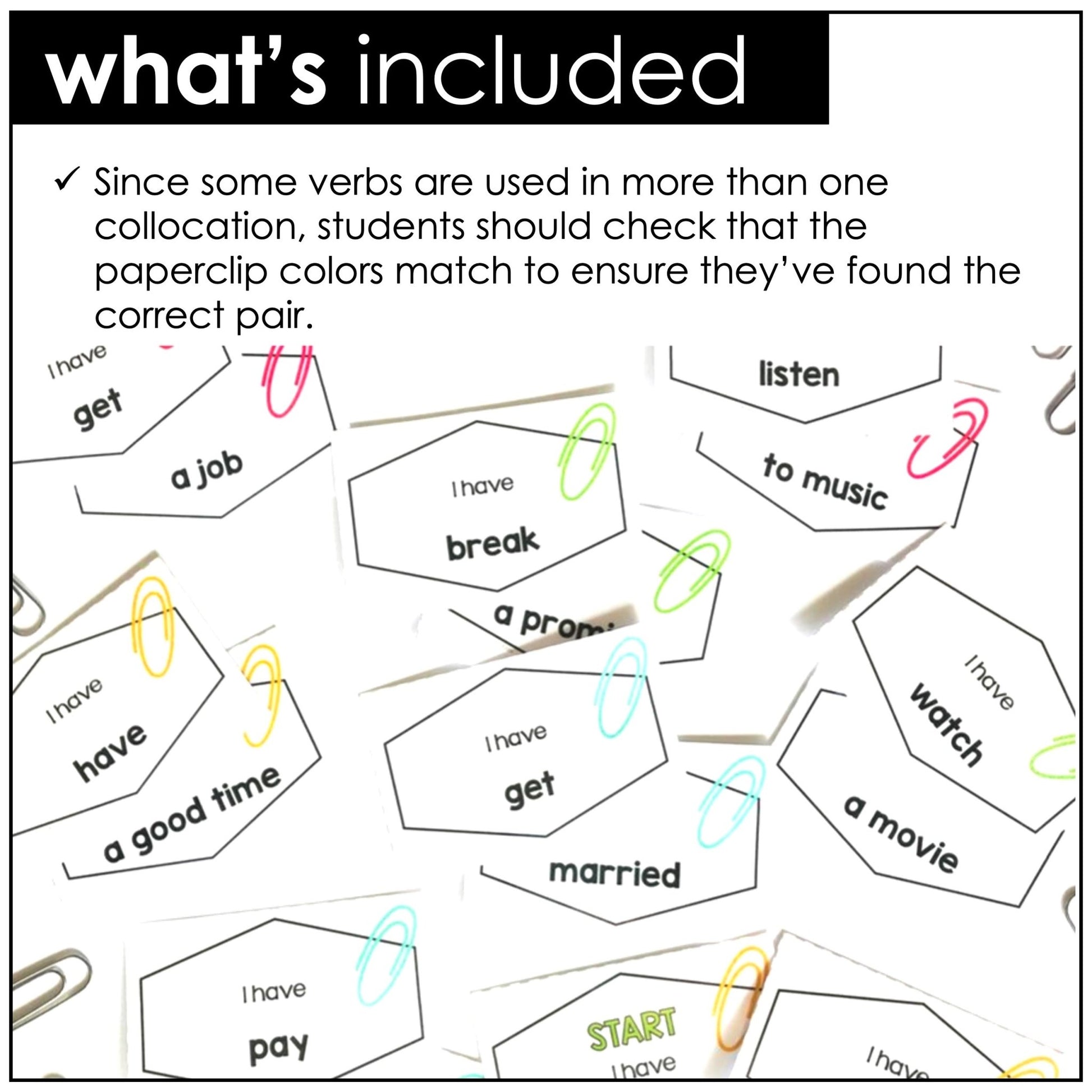 Verb + Noun : Common Verb Collocations - I have, Who has? Card Matching Game - Hot Chocolate Teachables