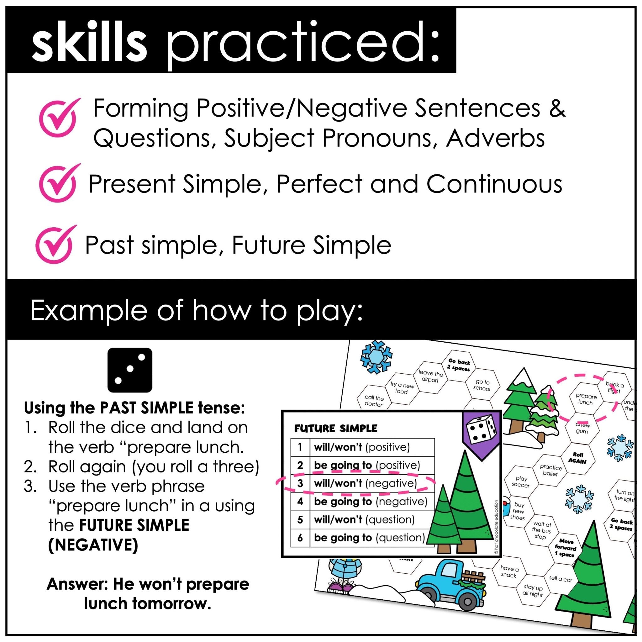 Verbs Board Game | Choose a tense and change the verb | Present Past & Future - Hot Chocolate Teachables