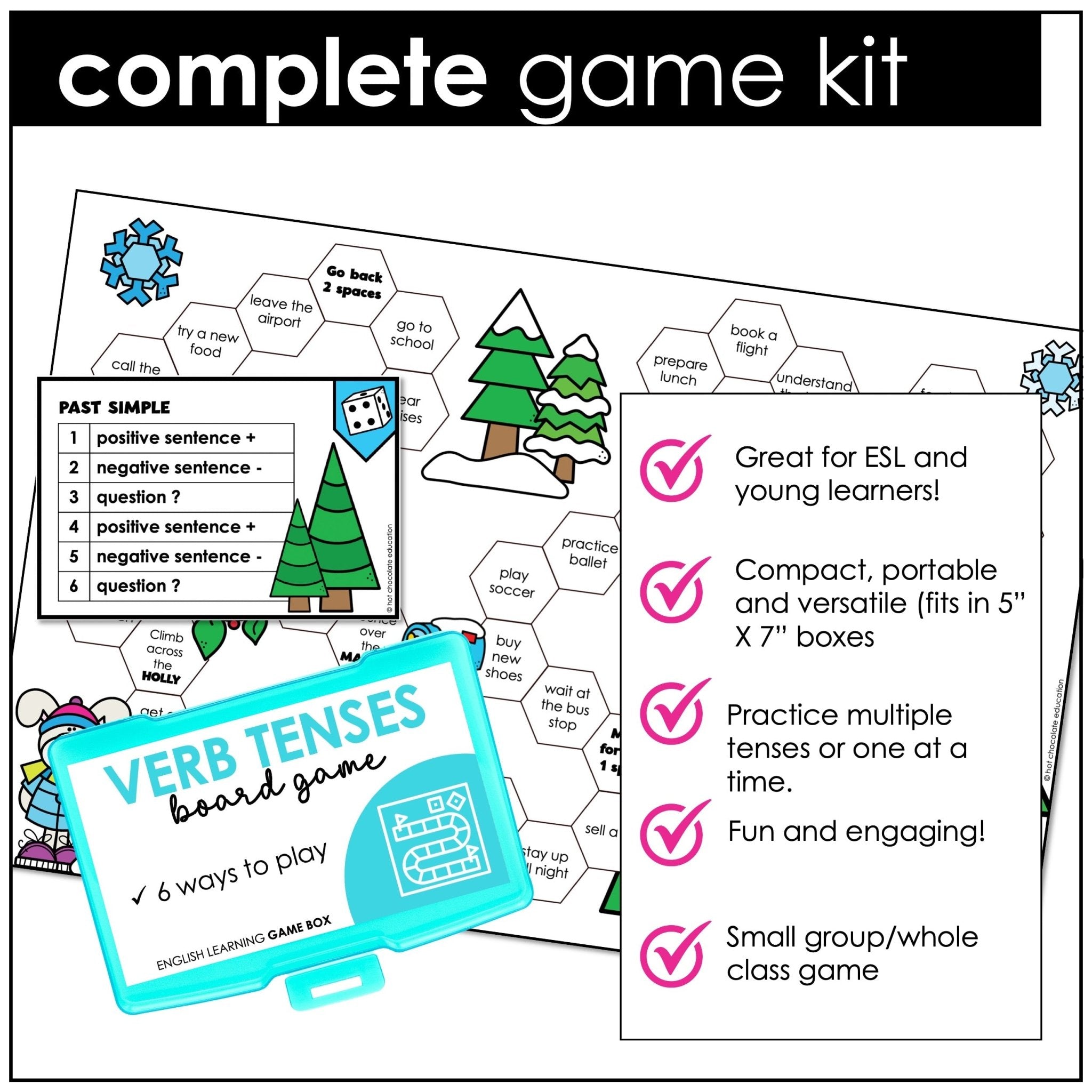 Verbs Board Game | Choose a tense and change the verb | Present Past & Future - Hot Chocolate Teachables