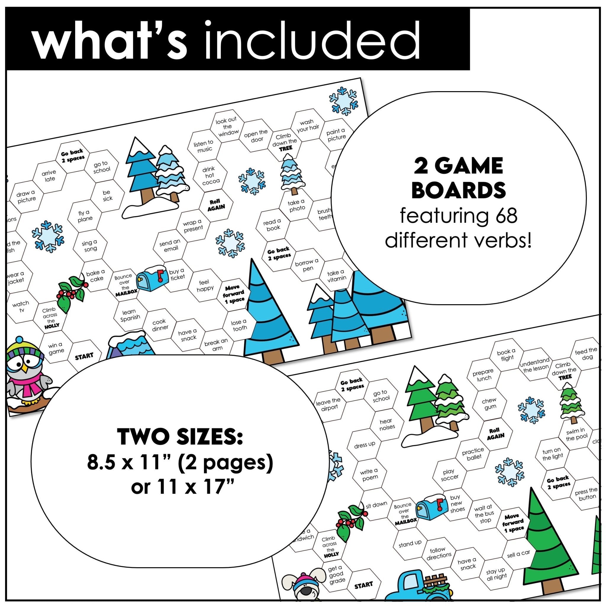 Verbs Board Game | Choose a tense and change the verb | Present Past & Future - Hot Chocolate Teachables