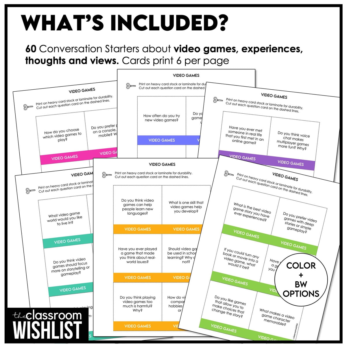 Gamer Questions Video Games Conversation Cards for Middle & High School