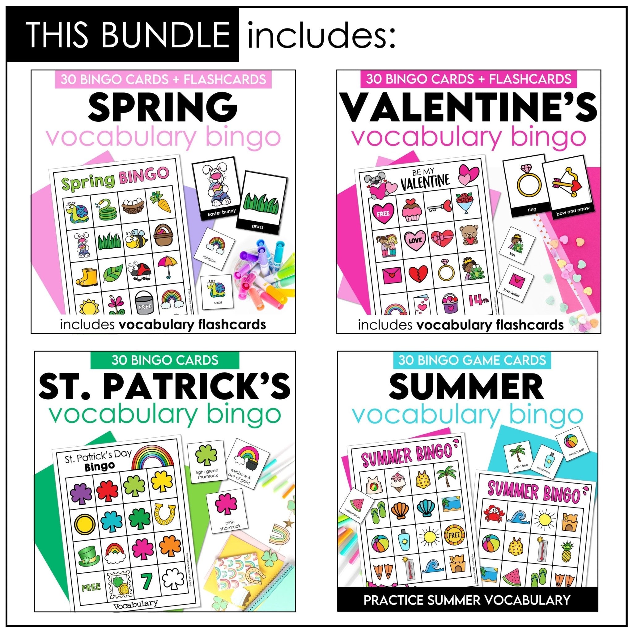 Vocabulary Bingo Game BUNDLE: Spring Summer Fall Winter - Seasonal Vocabulary - Hot Chocolate Teachables