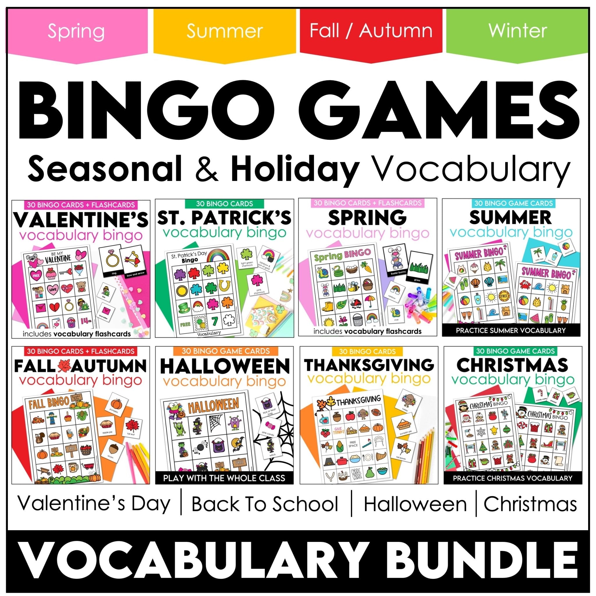 Vocabulary Bingo Game BUNDLE: Spring Summer Fall Winter - Seasonal Vocabulary - Hot Chocolate Teachables