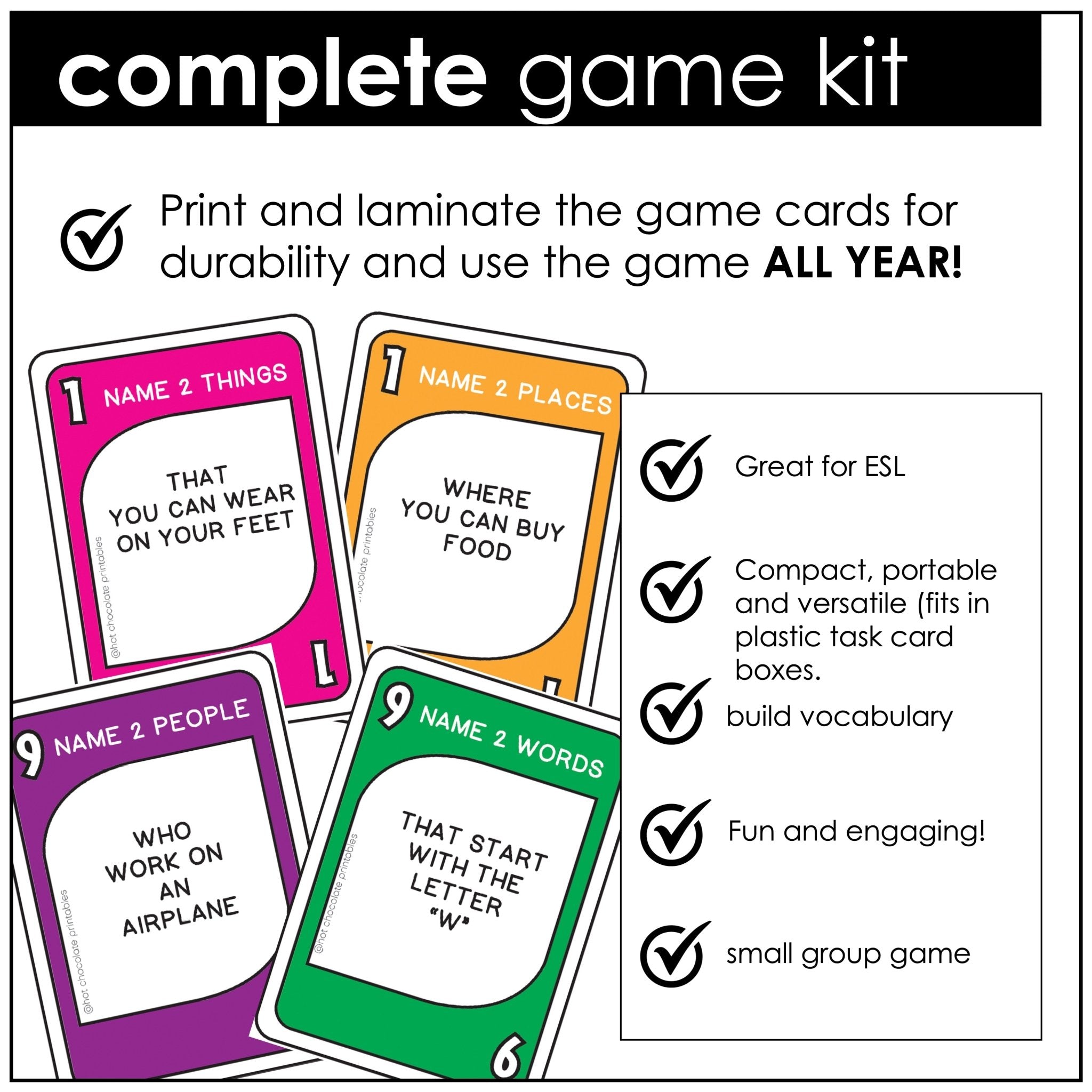 Vocabulary Building Card Game : Name Two People, Places, Things, Verbs - Hot Chocolate Teachables
