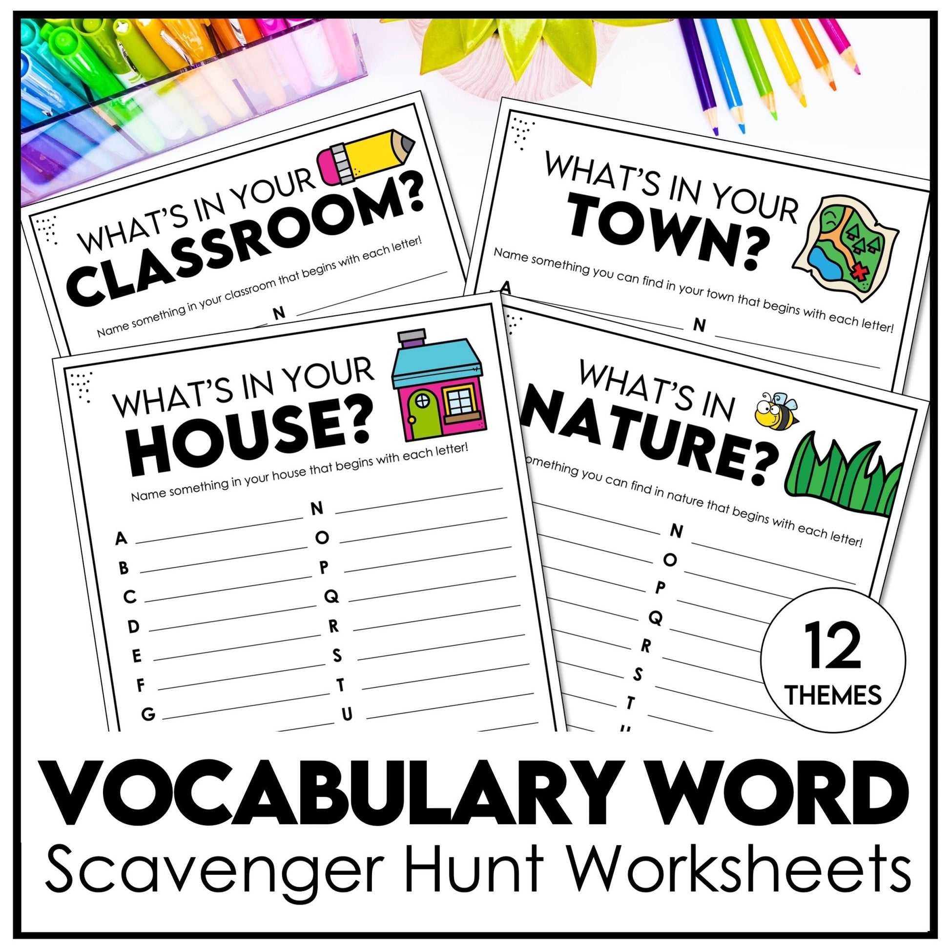 Vocabulary Word Scavenger Hunt Worksheets | ESL & ELL | 12 Different Themes - Hot Chocolate Teachables