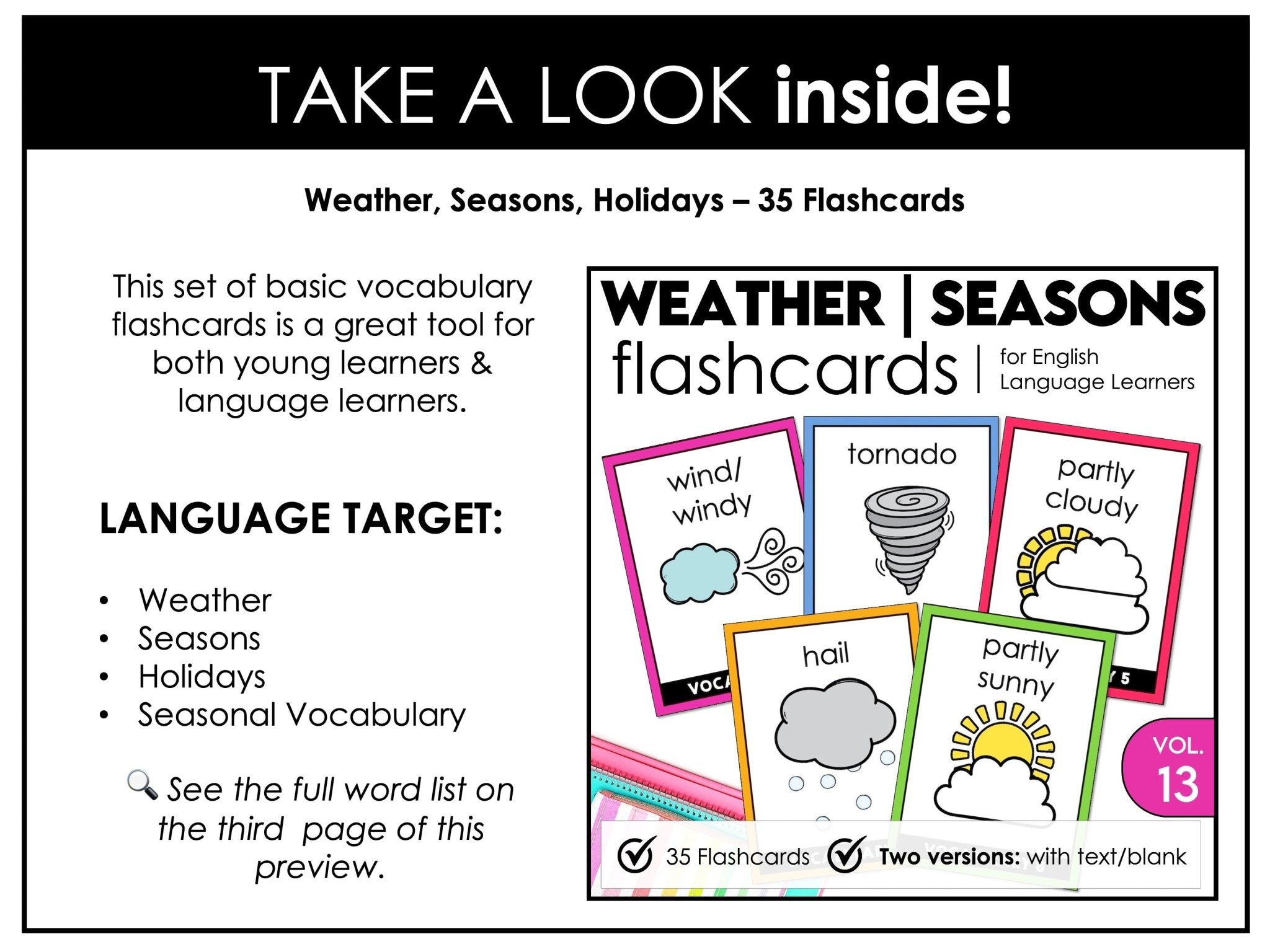 Weather & Seasonal Vocabulary Flash cards | ESL Task Cards - Holidays - Hot Chocolate Teachables
