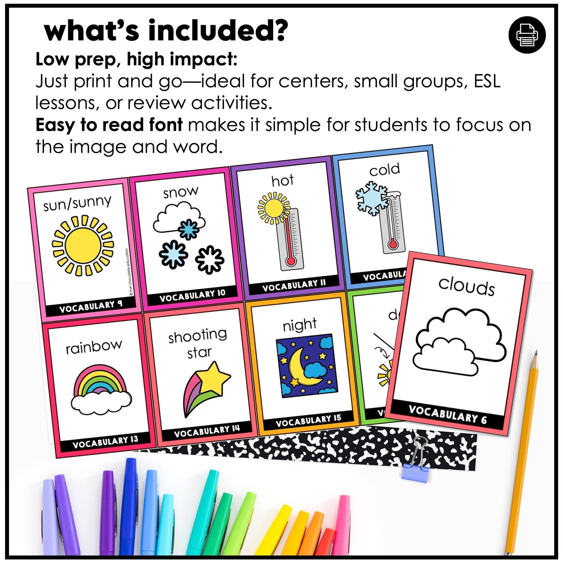 Weather & Seasonal Vocabulary Flash cards | ESL Task Cards - Holidays - Hot Chocolate Teachables