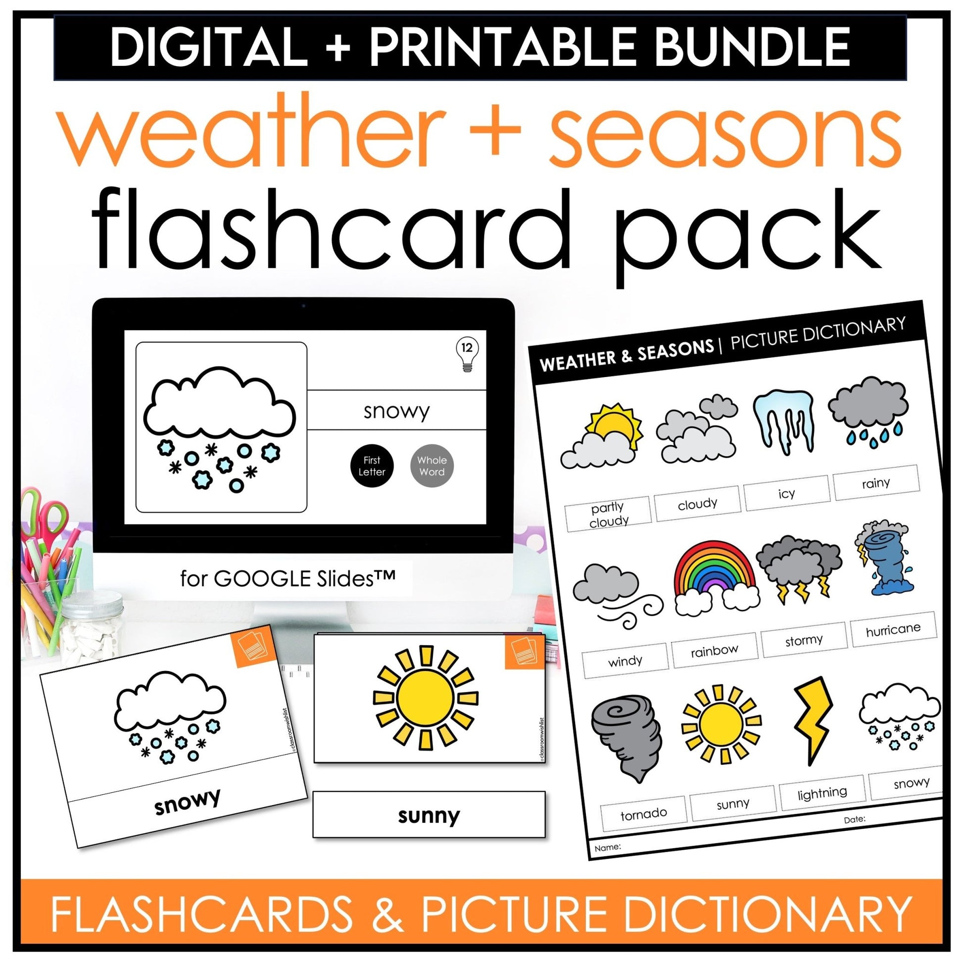 Weather & Seasons Bundle | Digital + Print Flash Cards & Picture Dictionary - Hot Chocolate Teachables