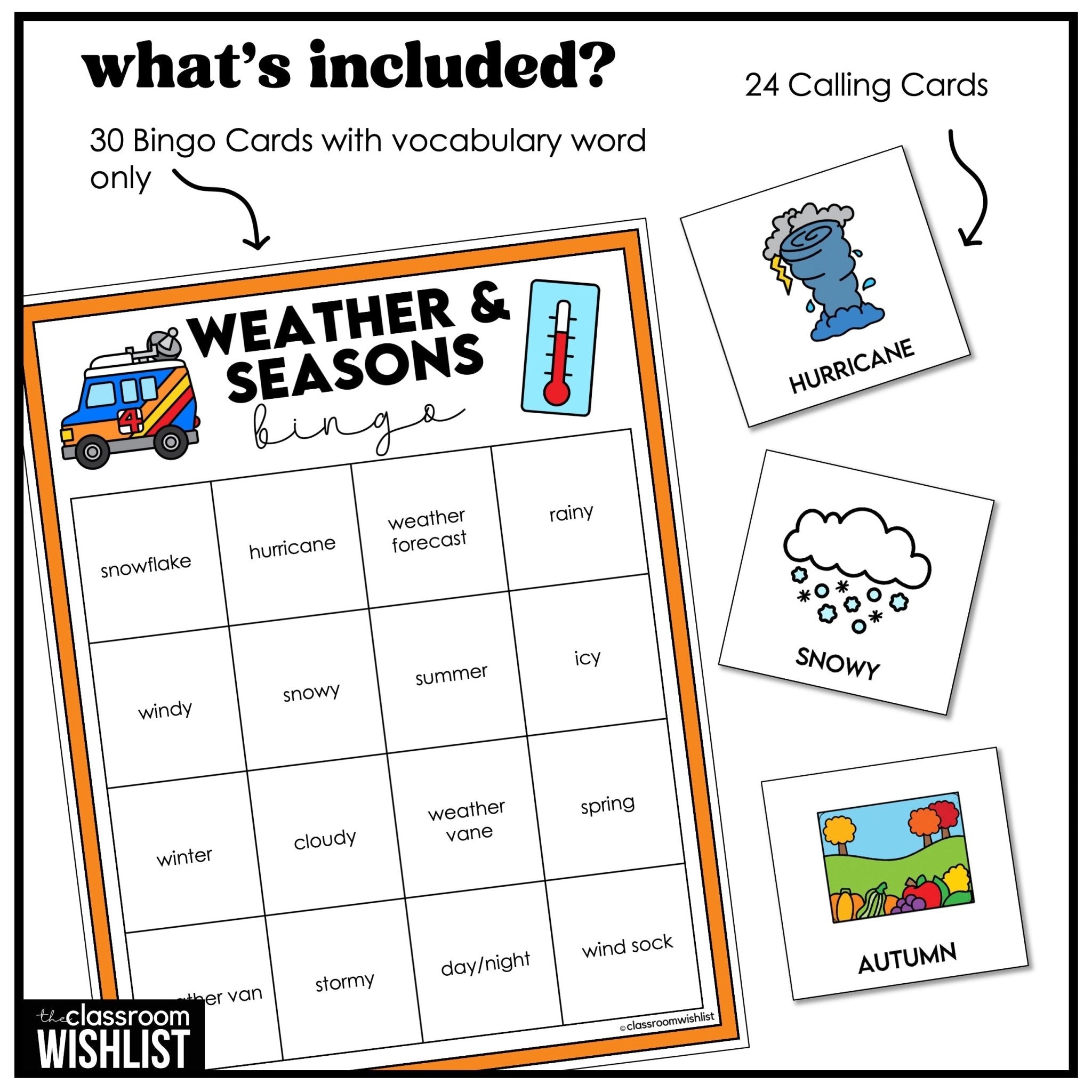 Weather & Seasons Vocabulary Bingo | ESL, ELL, and ELA Classroom Game - Hot Chocolate Teachables