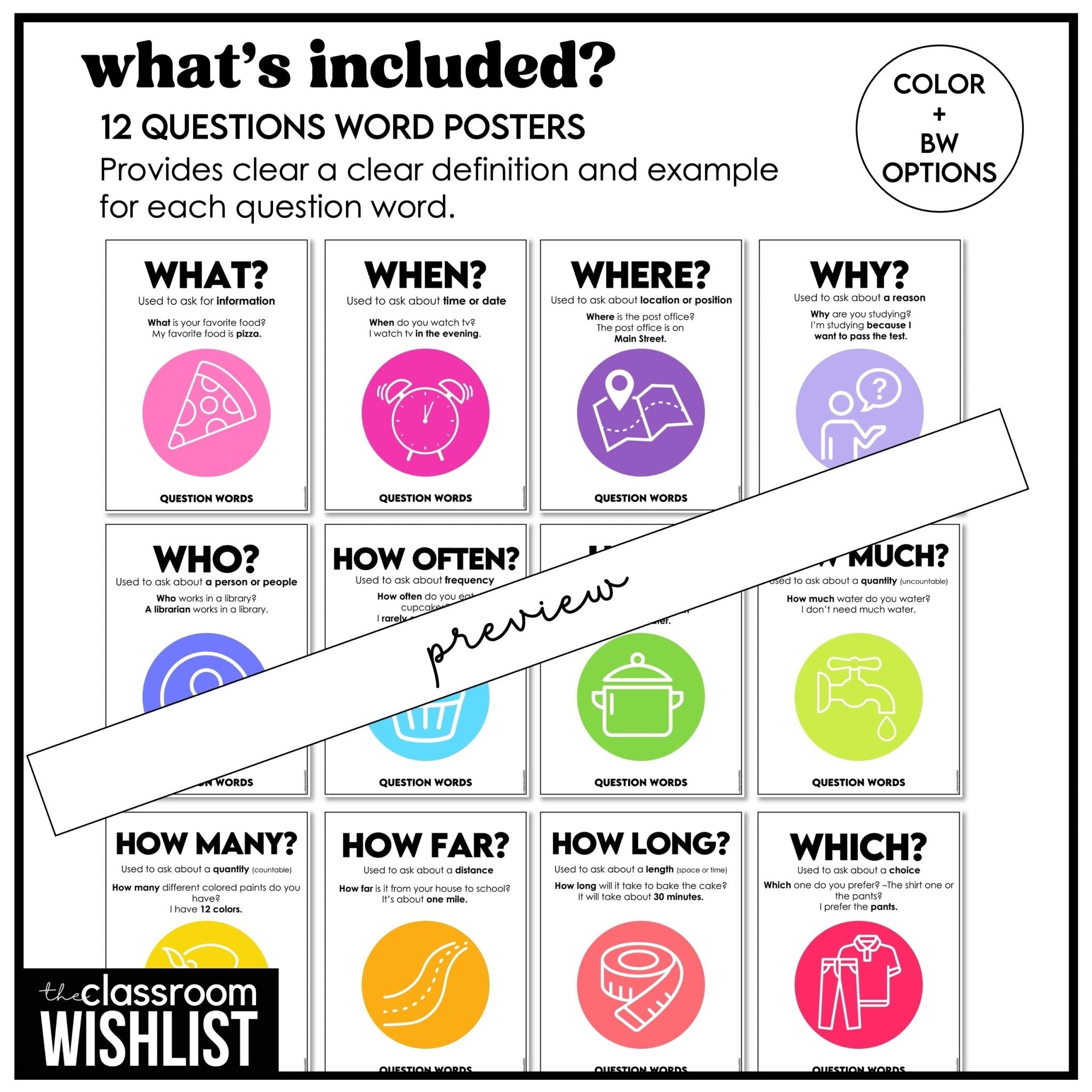 Printable Question Examples Posters WH Question Word Posters | Bulletin Board Reference