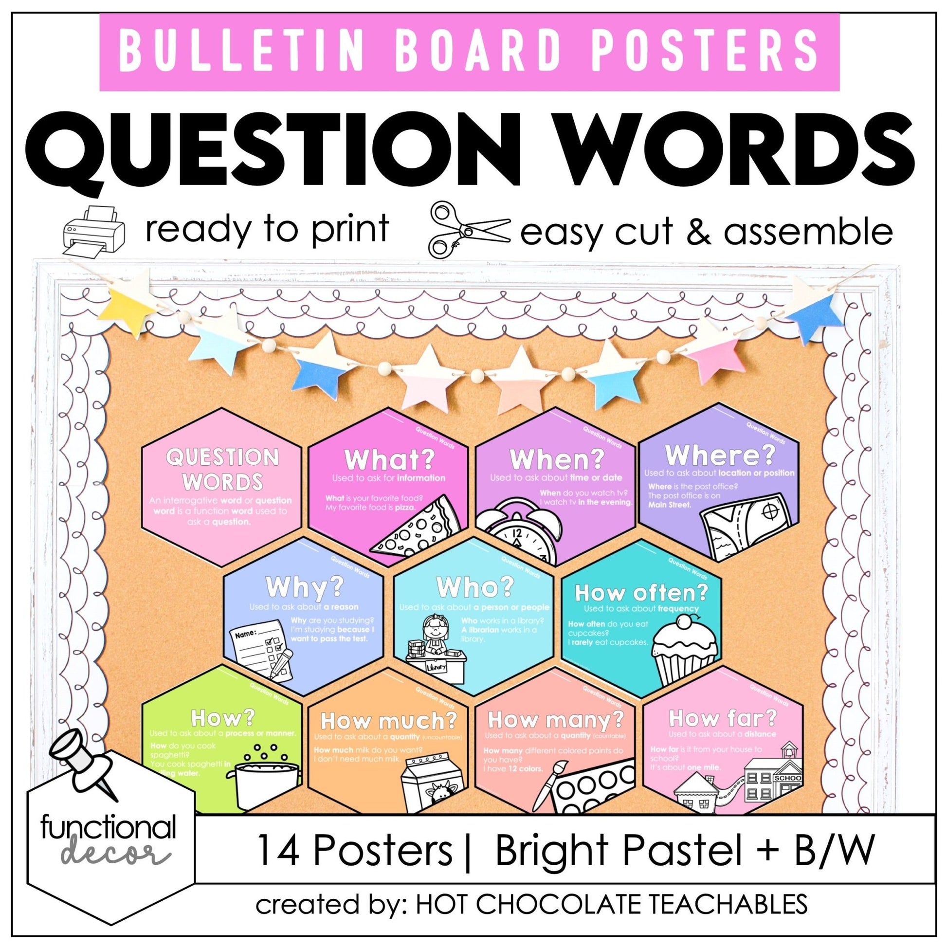 WH Question Word Posters – Pastel ESL Grammar Bulletin Board - Hot Chocolate Teachables