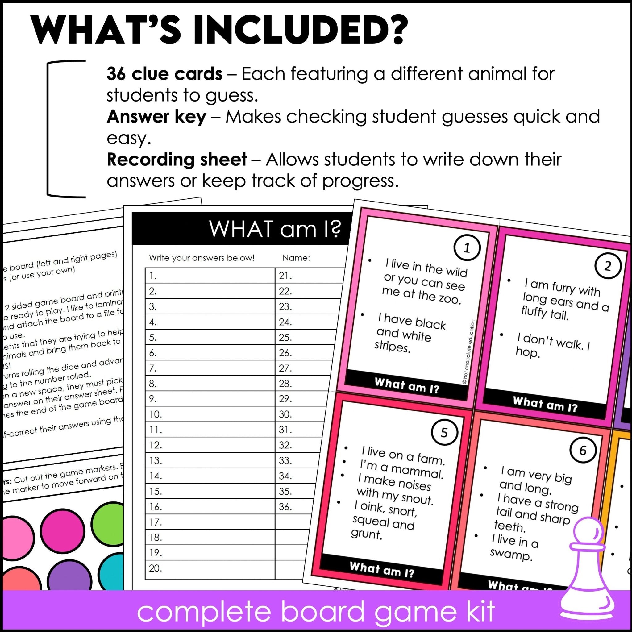 What am I? - Animal Recognition Guessing Game - Board Game with Clues - Hot Chocolate Teachables