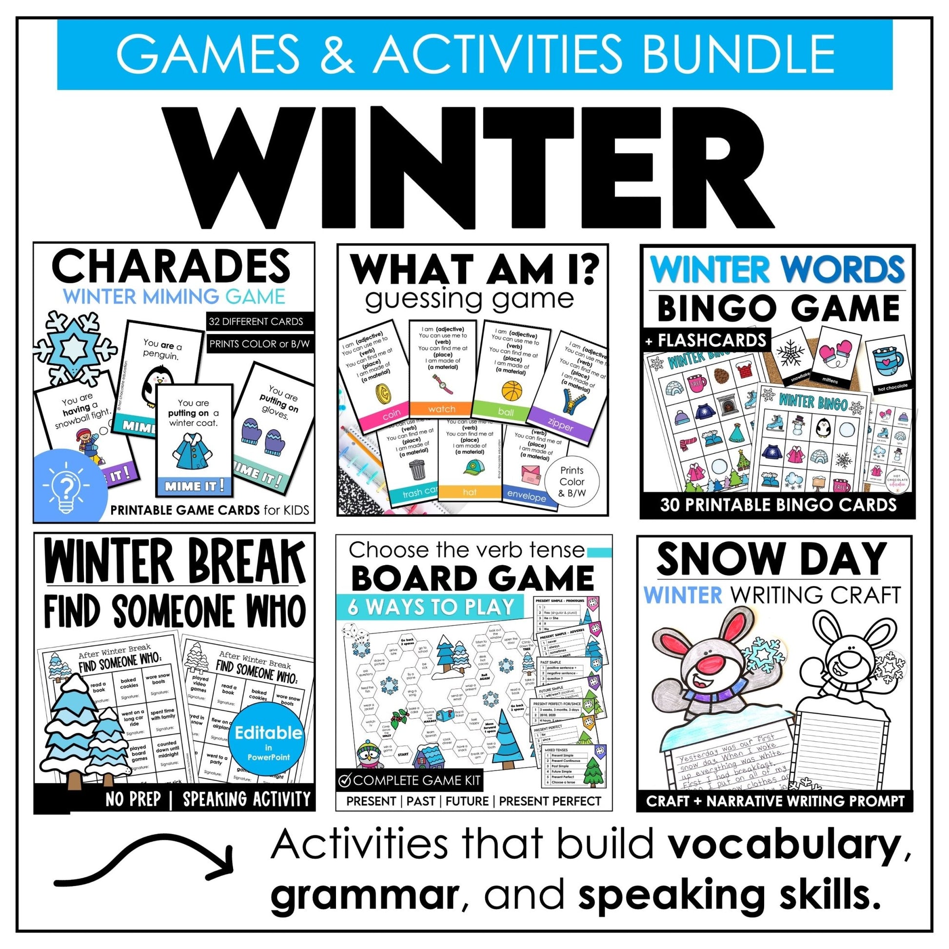 WINTER Games and Activity Bundle - Grammar & Vocabulary for ELL / ESL / EFL - Hot Chocolate Teachables
