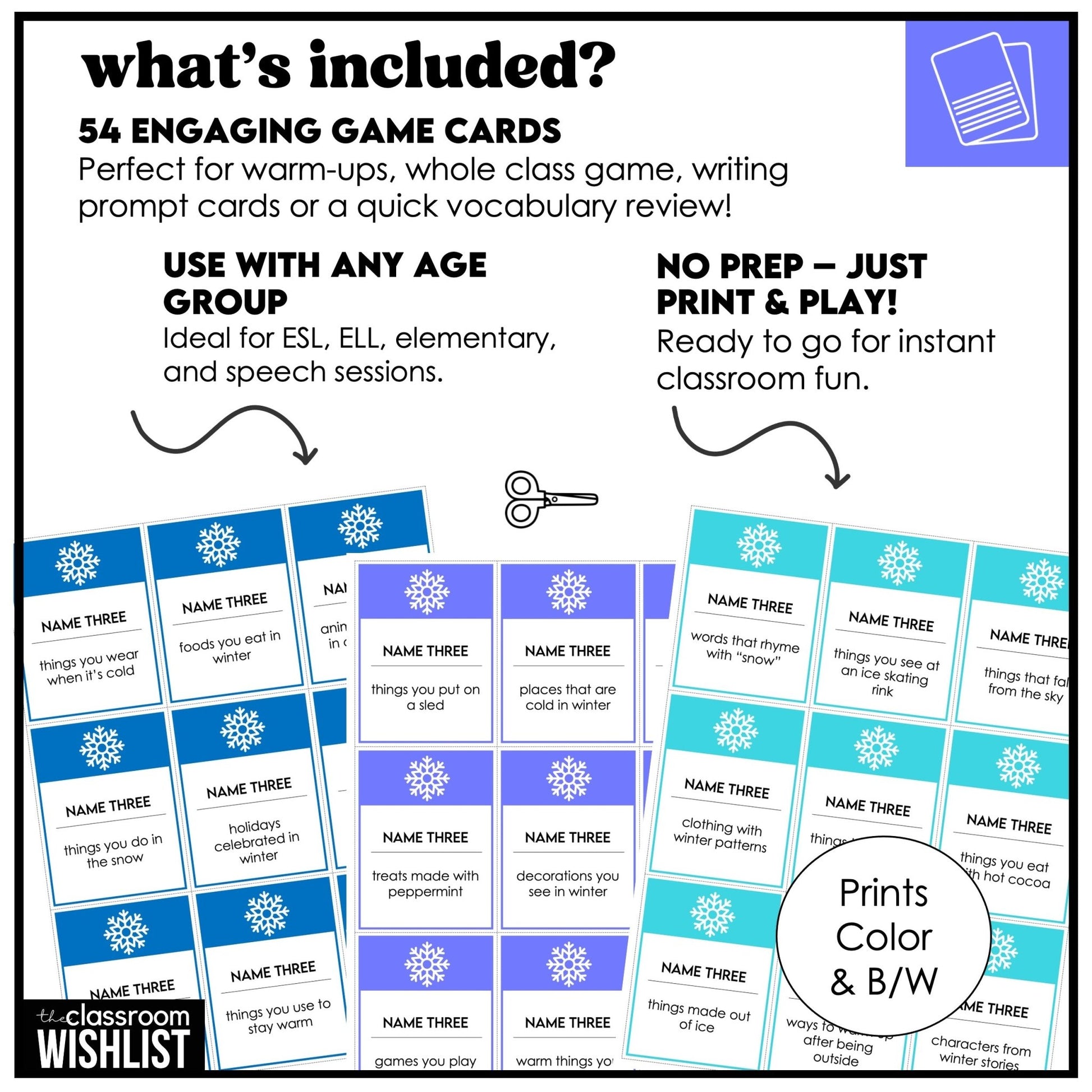 Winter Vocabulary Card Game for ESL | Name 3 Things | Speaking & Brainstorming Game - Hot Chocolate Teachables