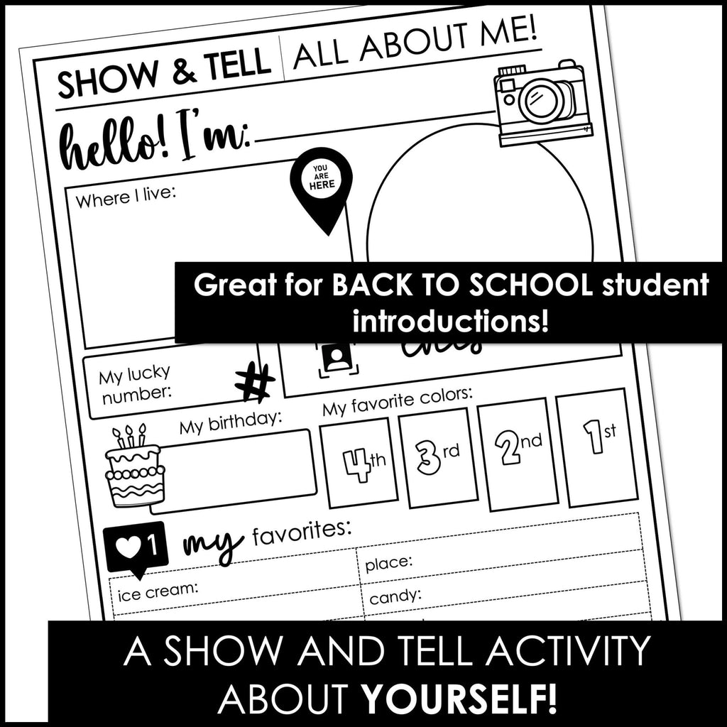 ABOUT ME - Back to School Show and Tell Student Introduction Worksheets - Hot Chocolate Teachables